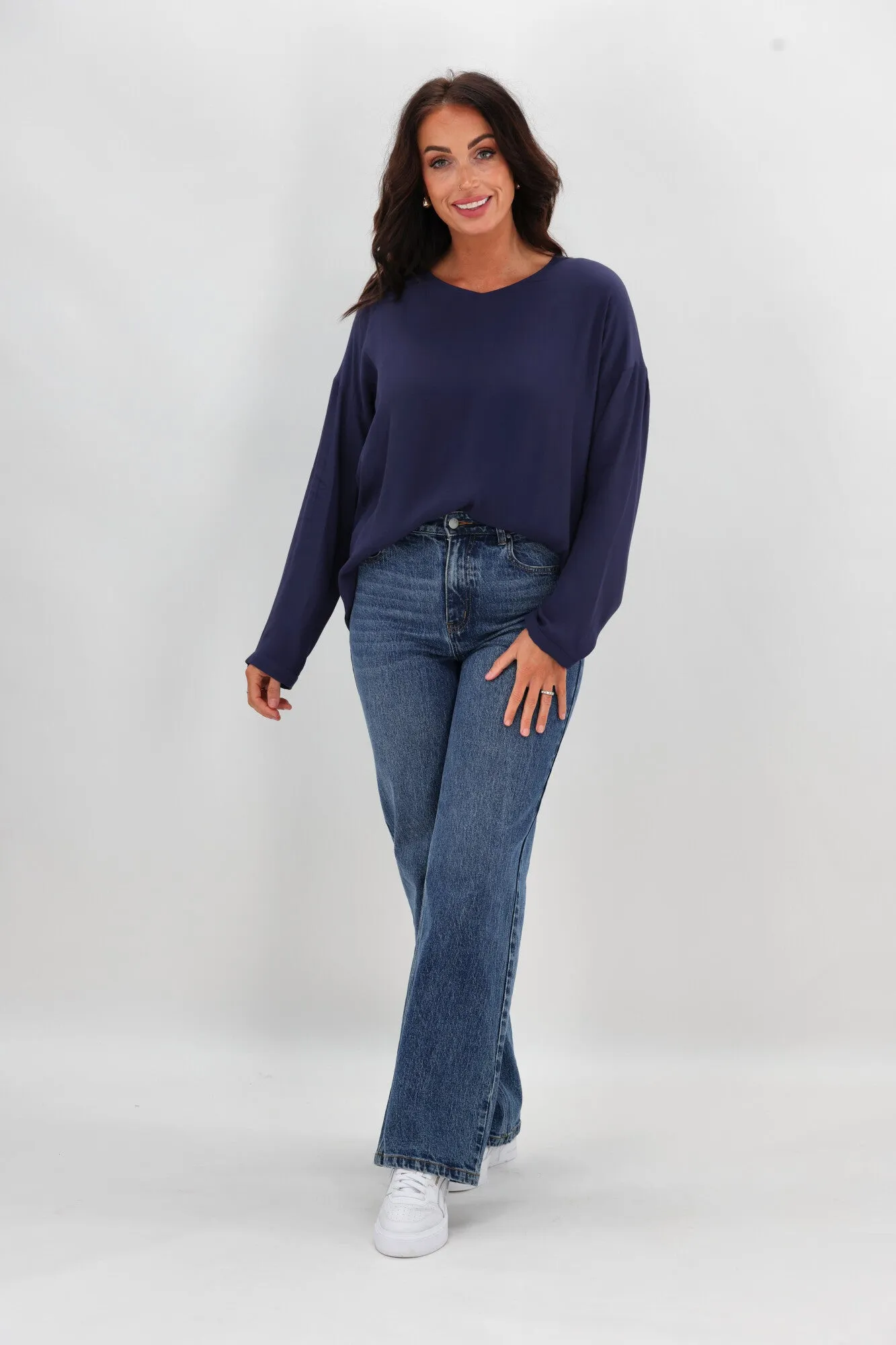 Shine On Label Camden V Neck Top Midnight Anti Static Weave Technology Comfortable Layer