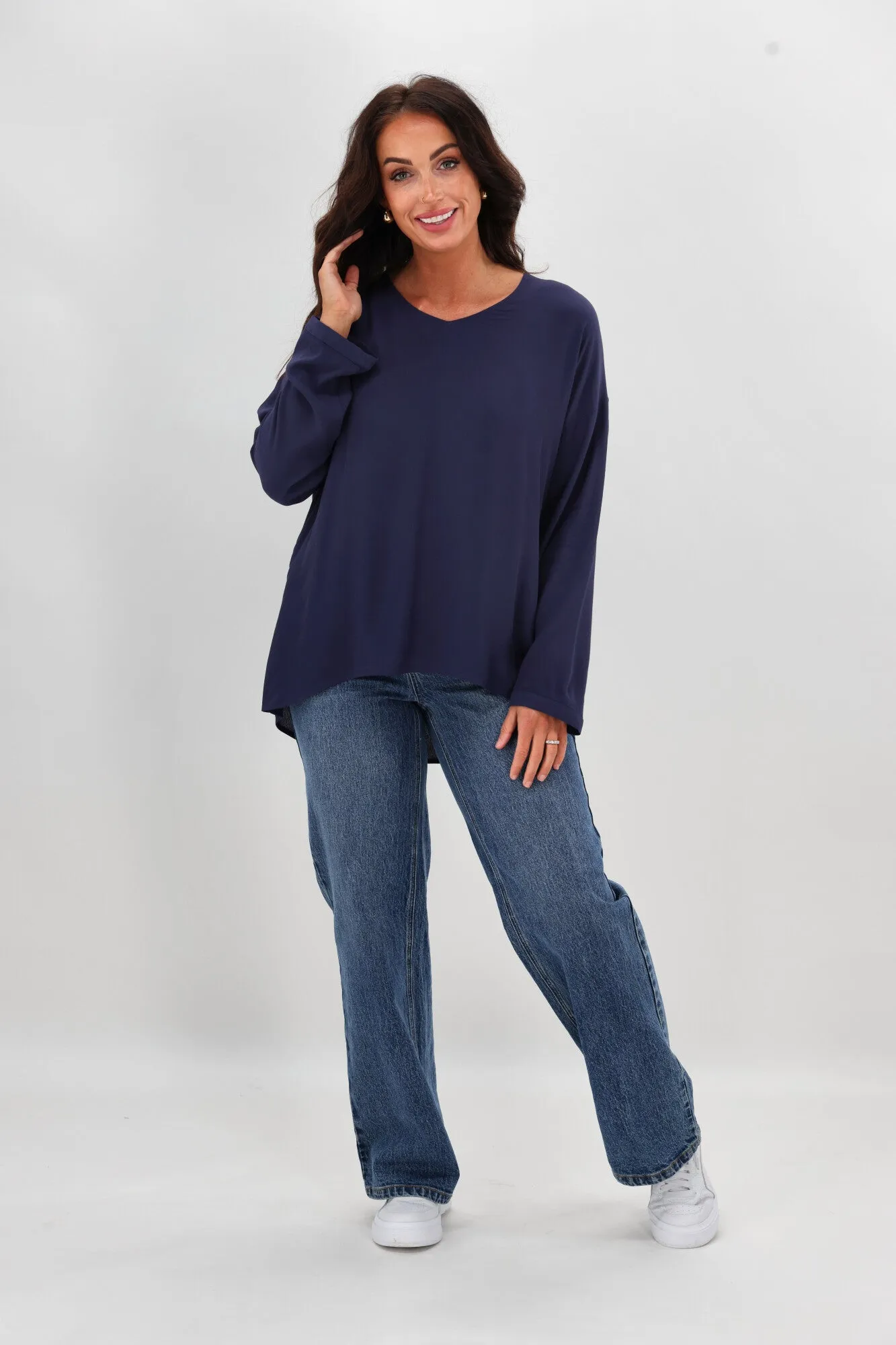 Snag Free Fabric Shine On Label Camden V Neck Top Midnight