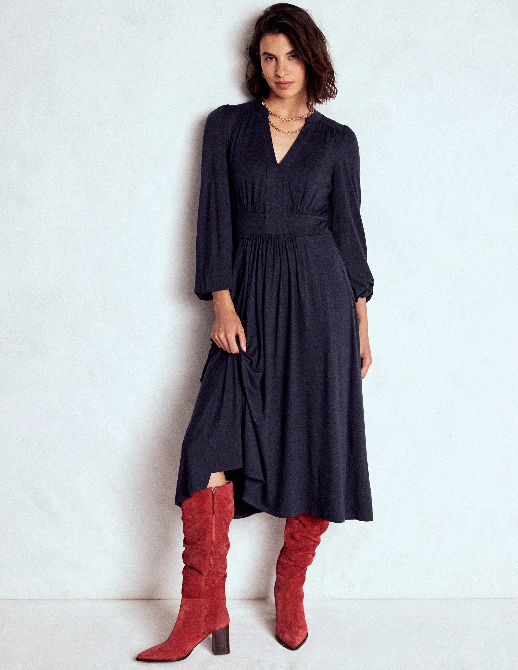 Travel-Style Lily Long Sleeve Midi Dress-Navy