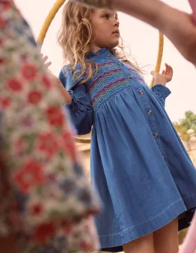 Suki Long Sleeve Smocked Dress-Mid Vintage Denim Balanced Texture Versatile Wearable