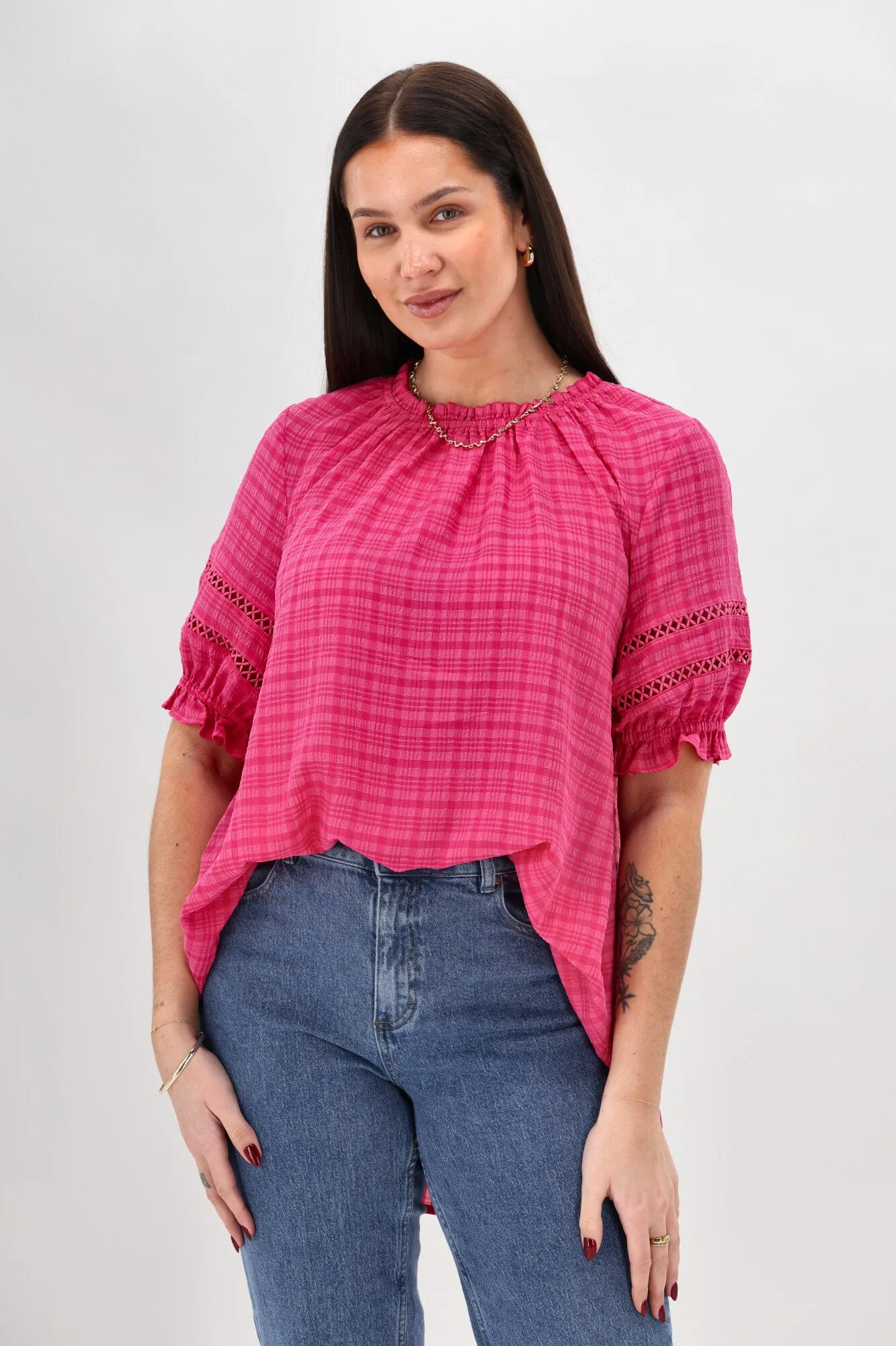 Ribbed Hem Everyday Comfort Fit Sunday Boho Amanda 3/4 Peasant Sleeve Top Pink