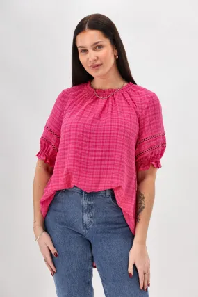 Ribbed Hem Everyday Comfort Fit Sunday Boho Amanda 3/4 Peasant Sleeve Top Pink