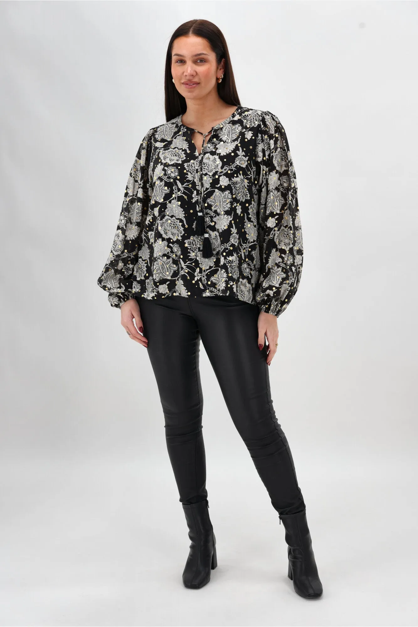 High Neckline Structure Sunday Boho Audrey Peasant Sleeve Blouse Print Black