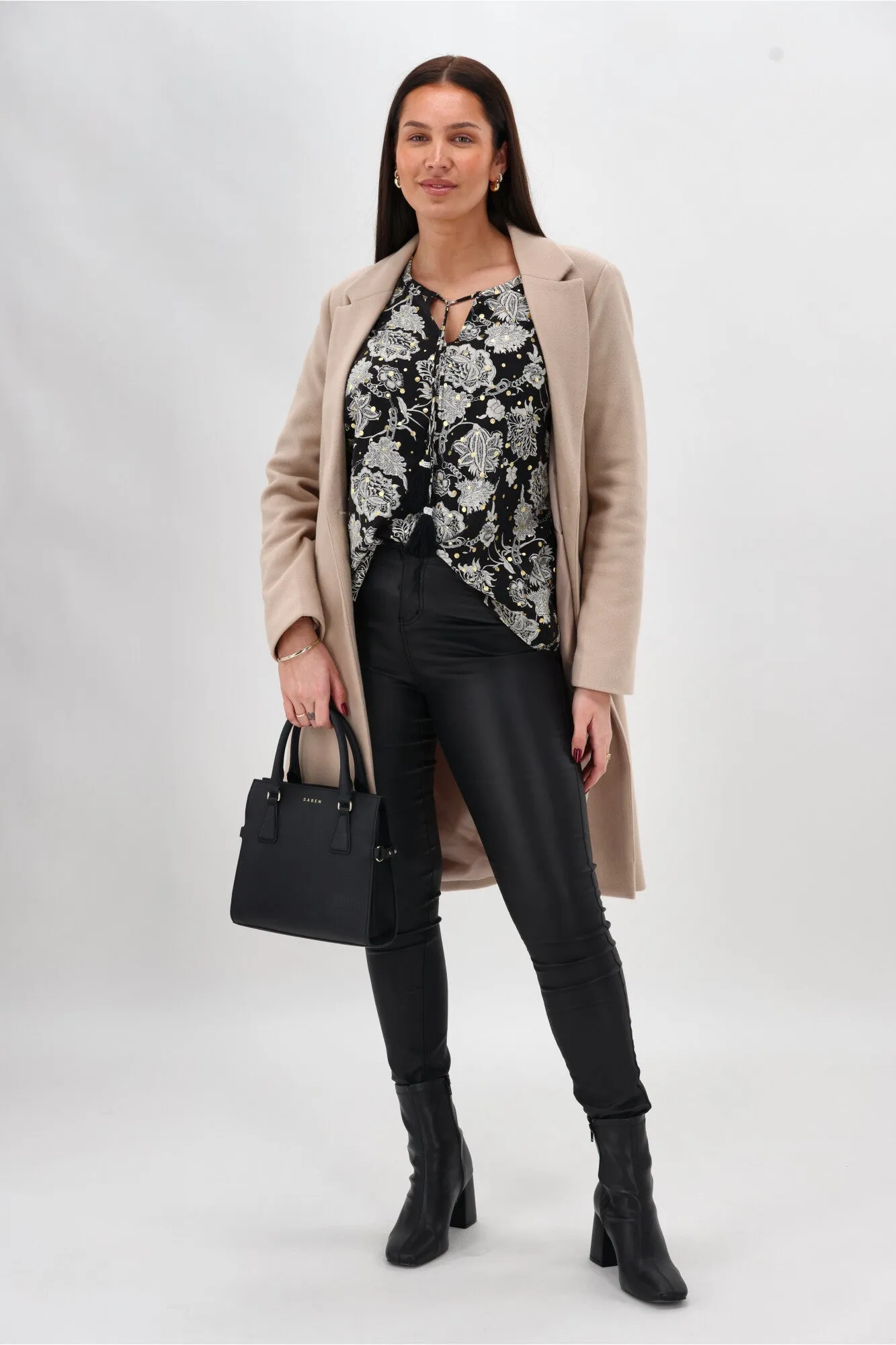 Sunday Boho Audrey Peasant Sleeve Blouse Print Black Textured Weave HighDensityFoam