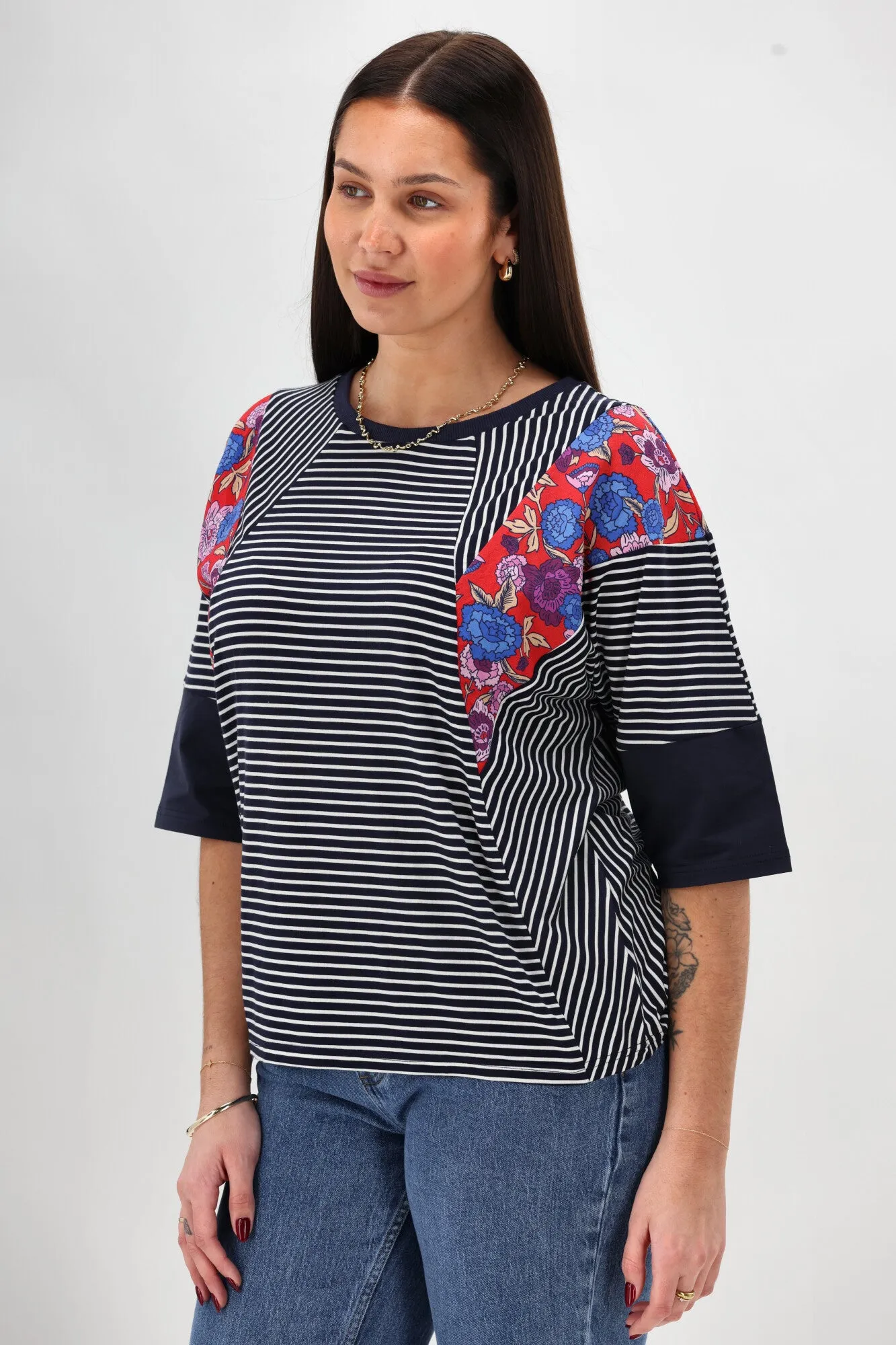 Sunday Boho Paula Floral Panelled Top Navy and White Stripe Distressed Texture