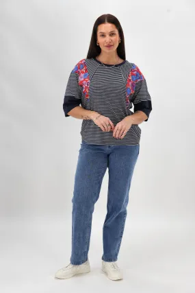 Rolled Hem Finish Sunday Boho Paula Floral Panelled Top Navy and White Stripe
