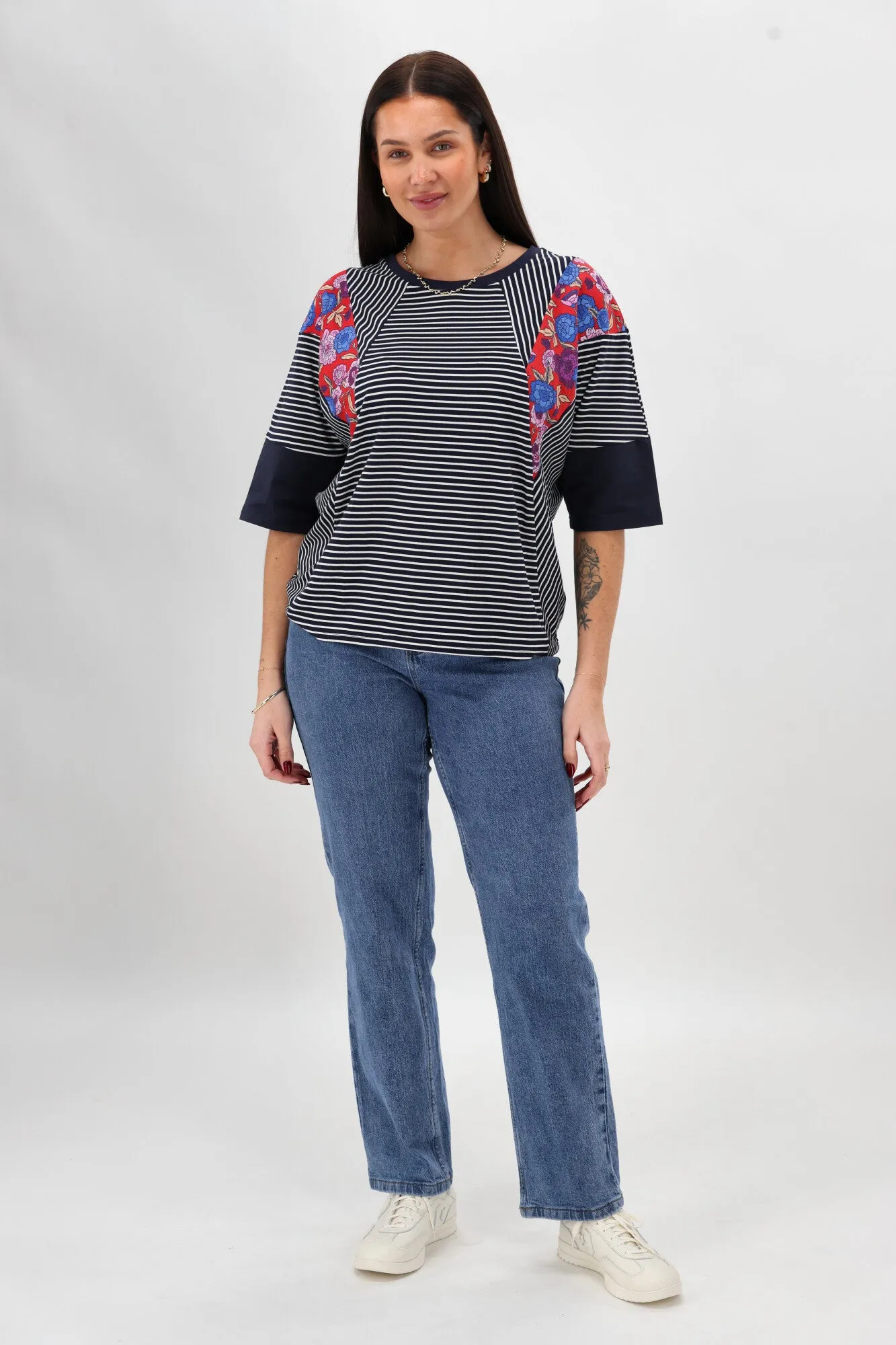 Sunday Boho Paula Floral Panelled Top Navy and White Stripe EcoFriendly Dye Water Repellent Finish