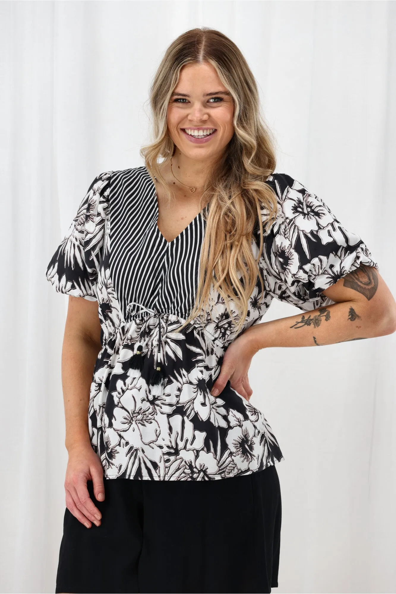 Sunday Boho Sierra Border Print Top Black White Vintage Hoodie