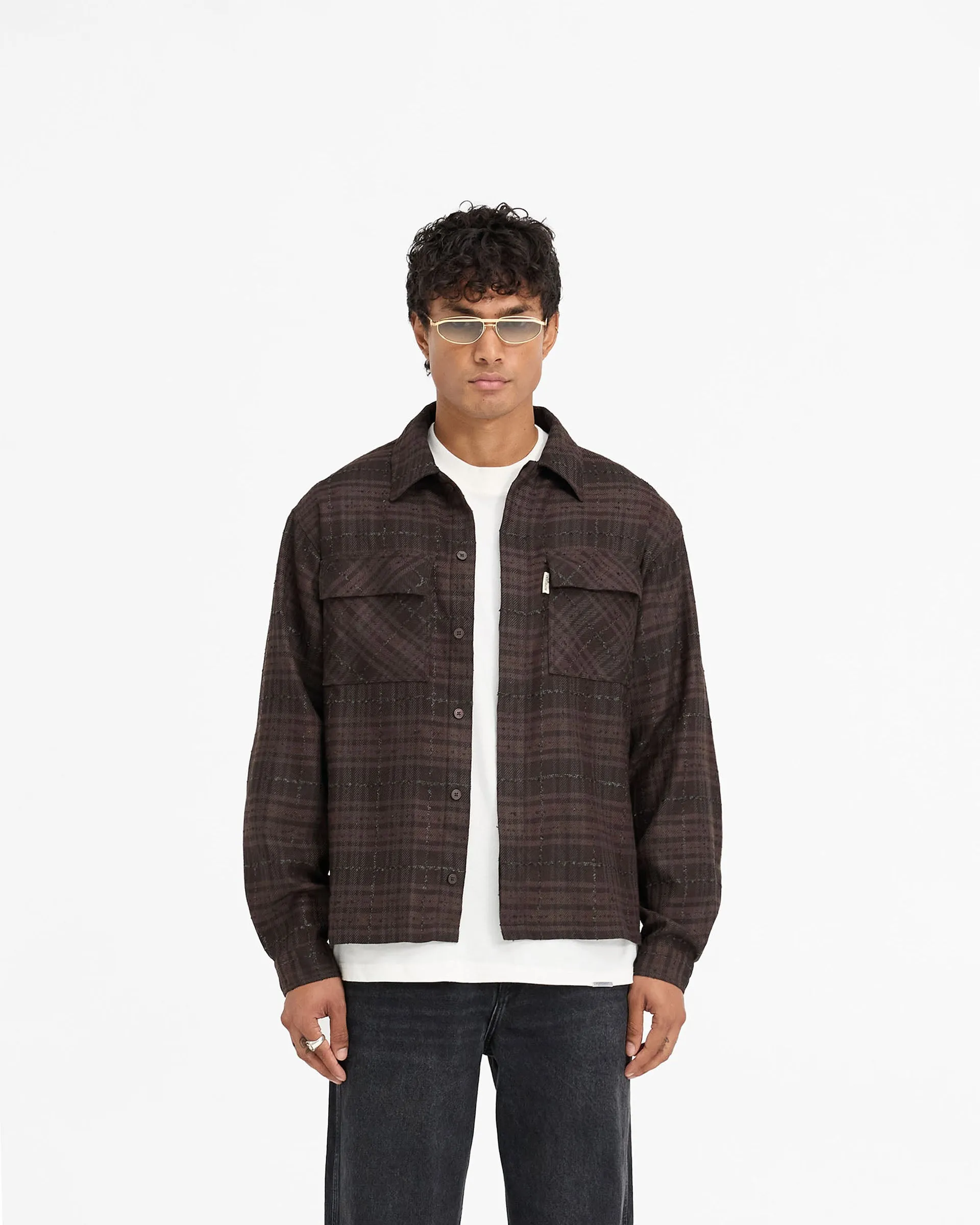 Rep Flannel Shirt - Coffee high-low hem Zip Front