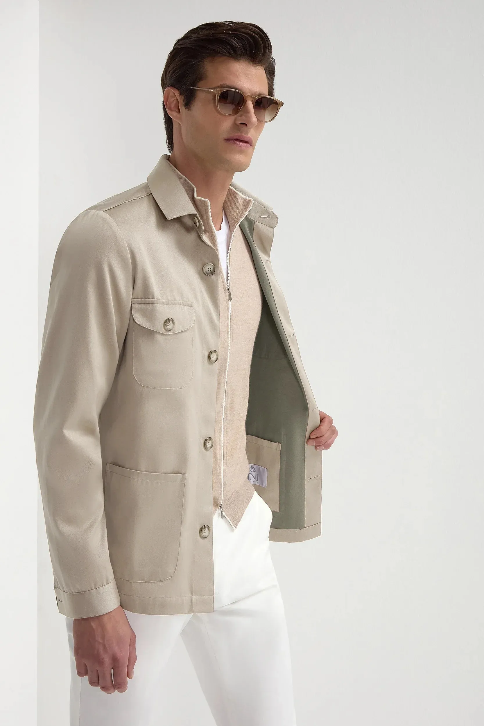 Beige solaro effect safari jacket - Made in Italy AntiPillingFabric Ocean Fit