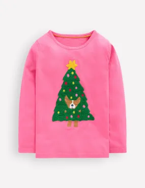 Casual dress ReinforcedStitching Long Sleeve Boucl?? T-shirt-Pink Christmas Tree Dog