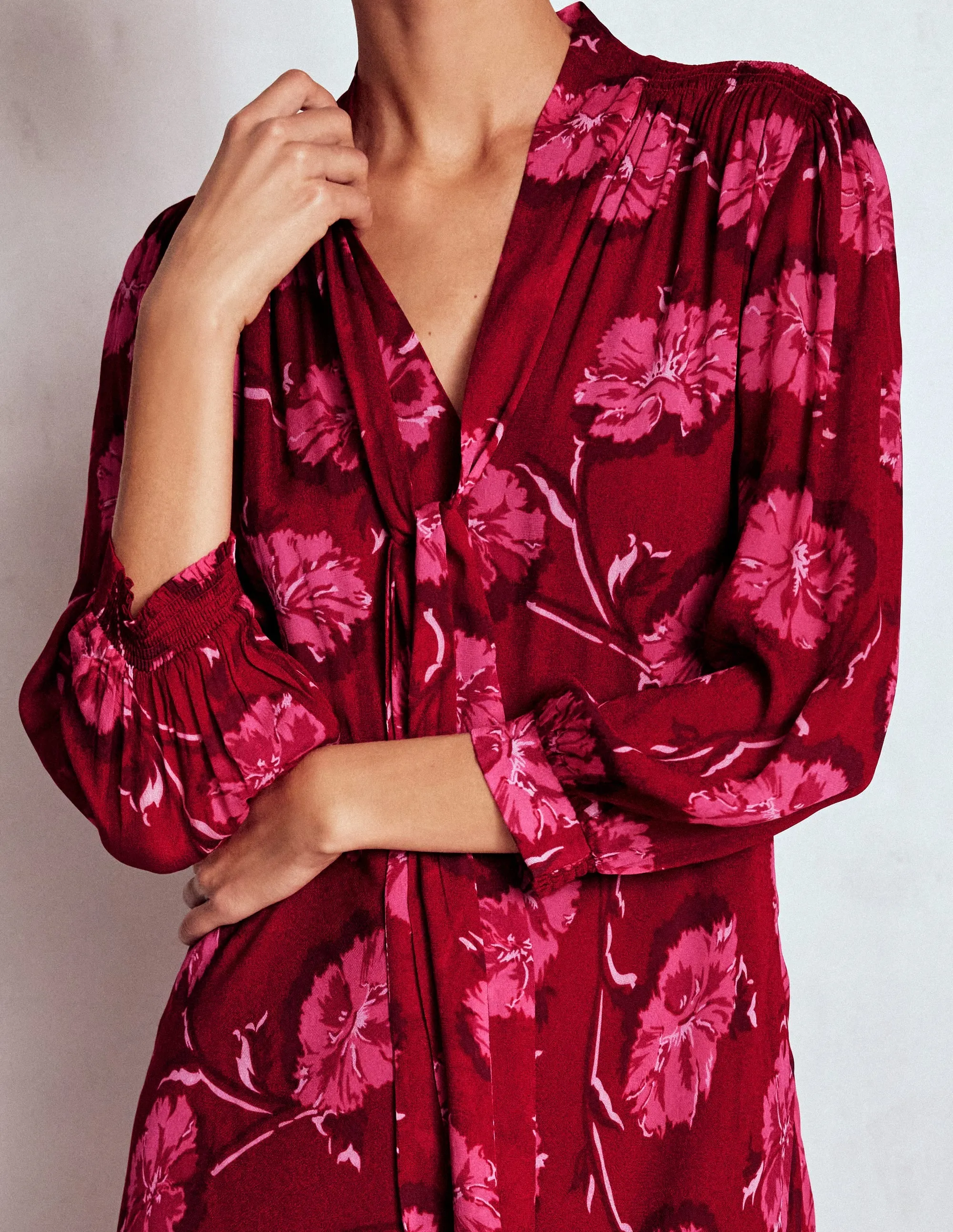 Subtle Flex Work Vibes Brooke Tie Neck Tea Dress-Cranberry Red, Delicate Vine