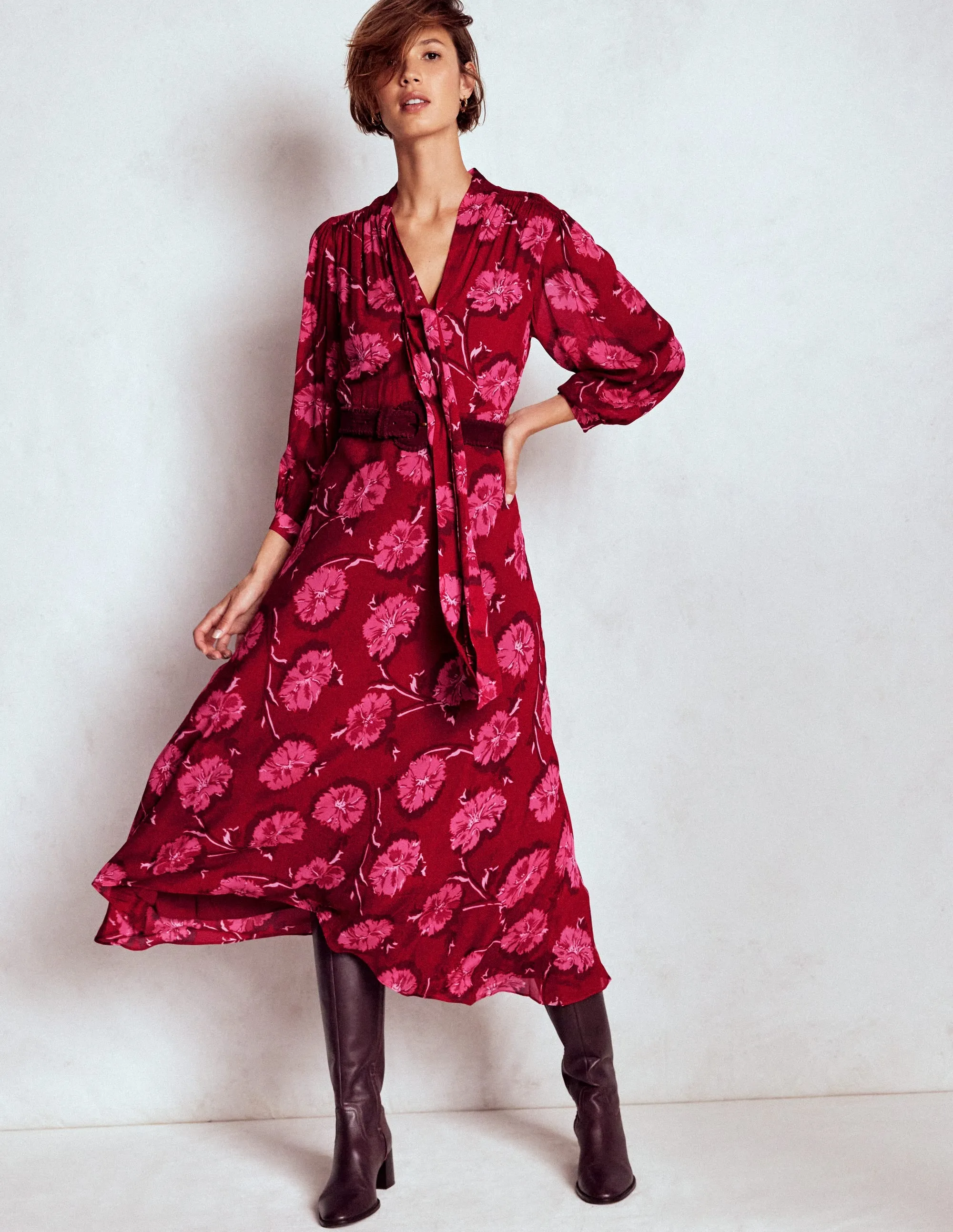 Brooke Tie Neck Tea Dress-Cranberry Red, Delicate Vine Timeless Waist Fit Chic and Elegant