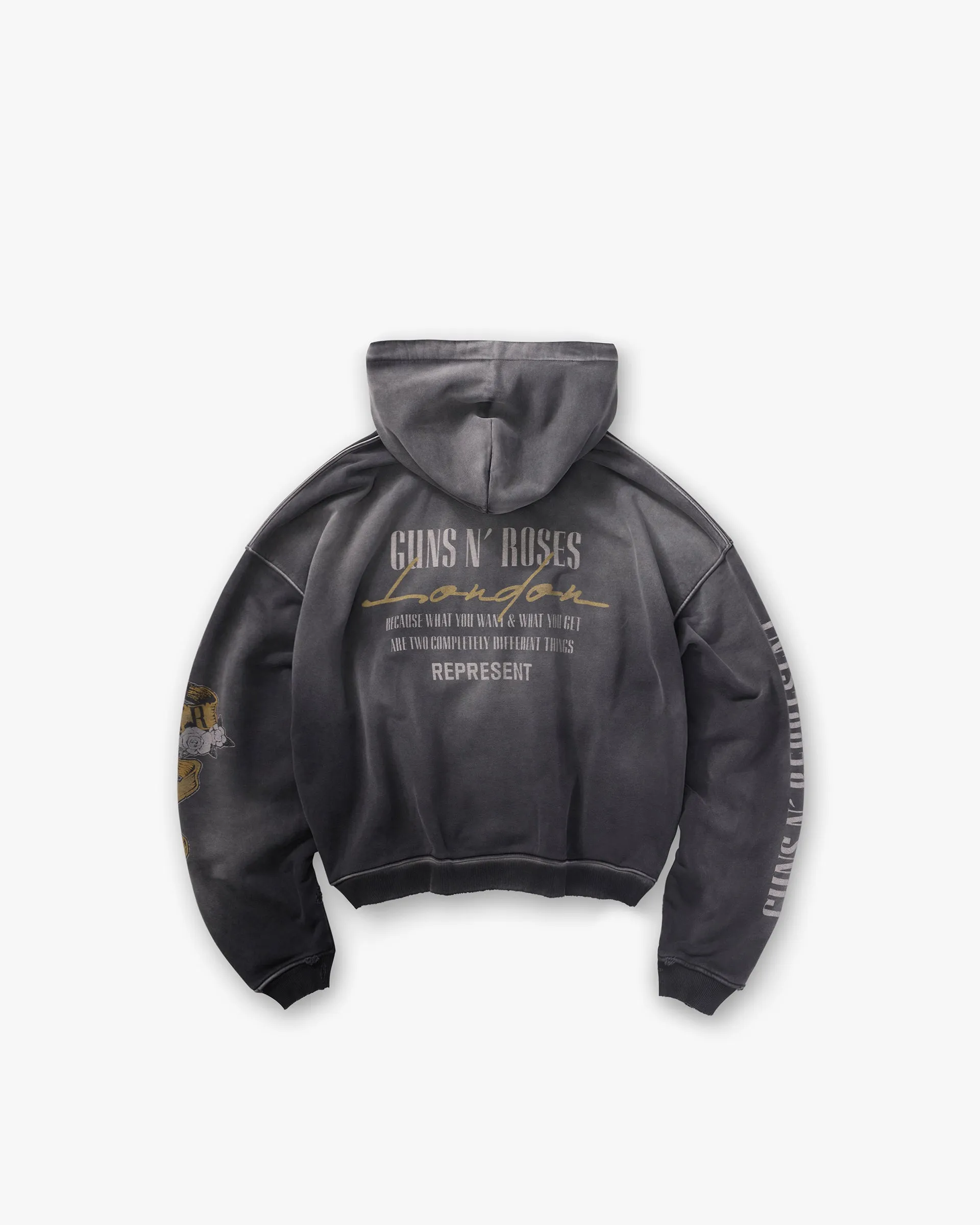 Represent X Guns N' Roses Cross Zip Through Hoodie - Stained Black Weekend Relaxed