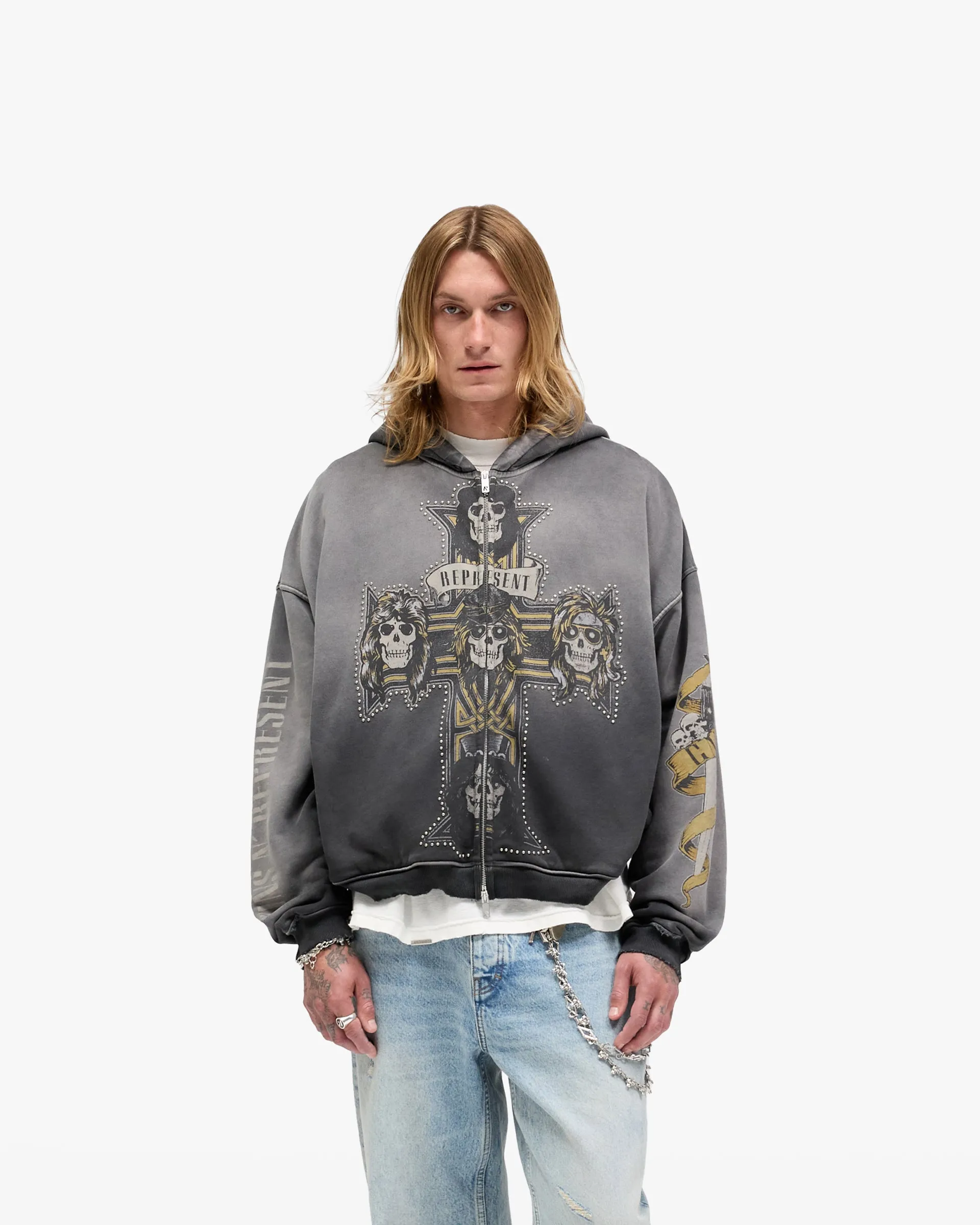 Represent X Guns N' Roses Cross Zip Through Hoodie - Stained Black Zip Closure