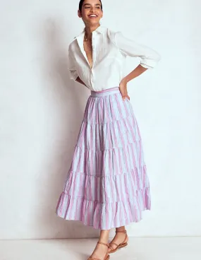 Non Slip Waist Tropical theme Tiered Poplin Midi Skirt-Metallic Stripe