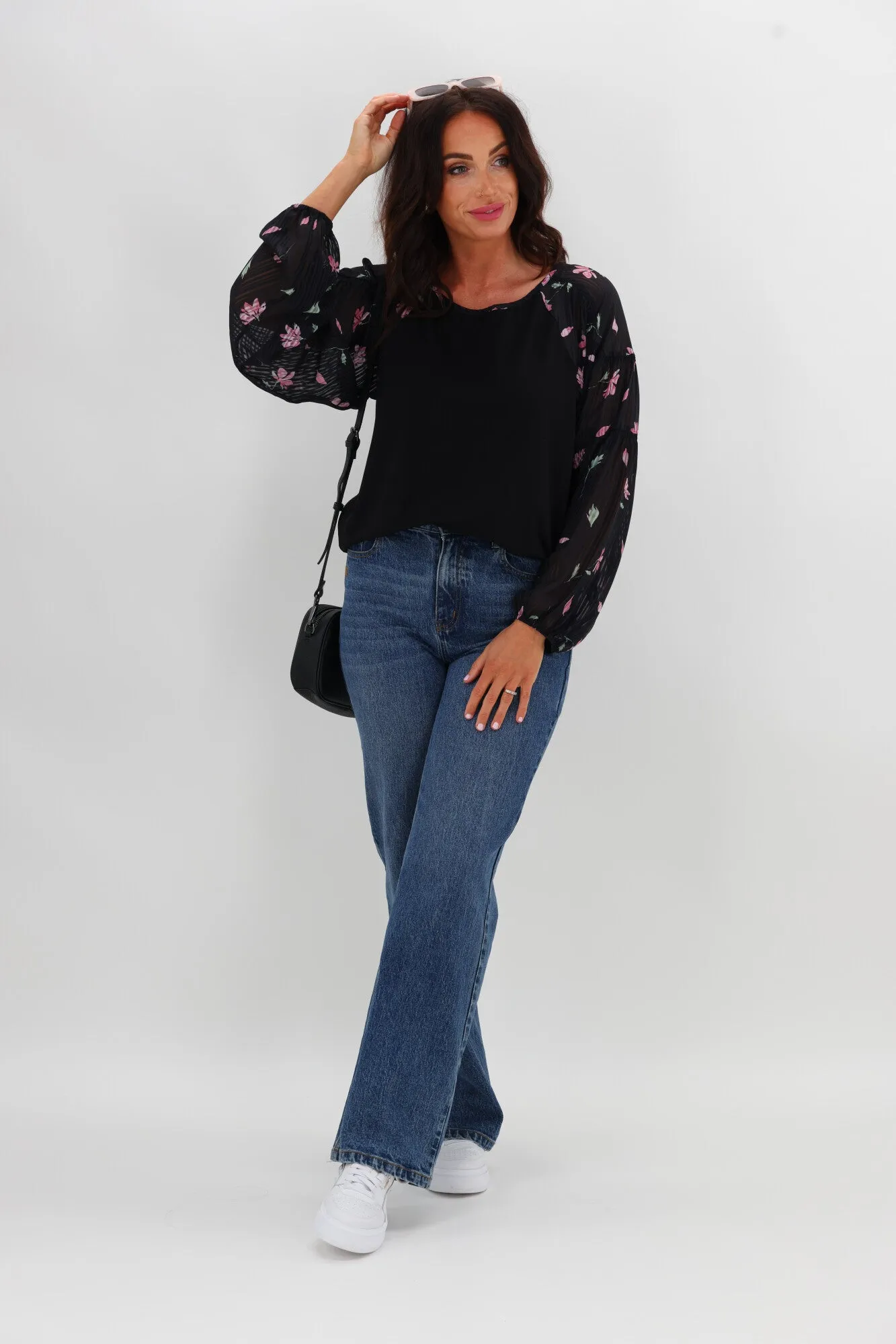 Modern Polo Tapered Cut Gloss The Label Bridie Batwing Sleeve Knit Top Black Floral