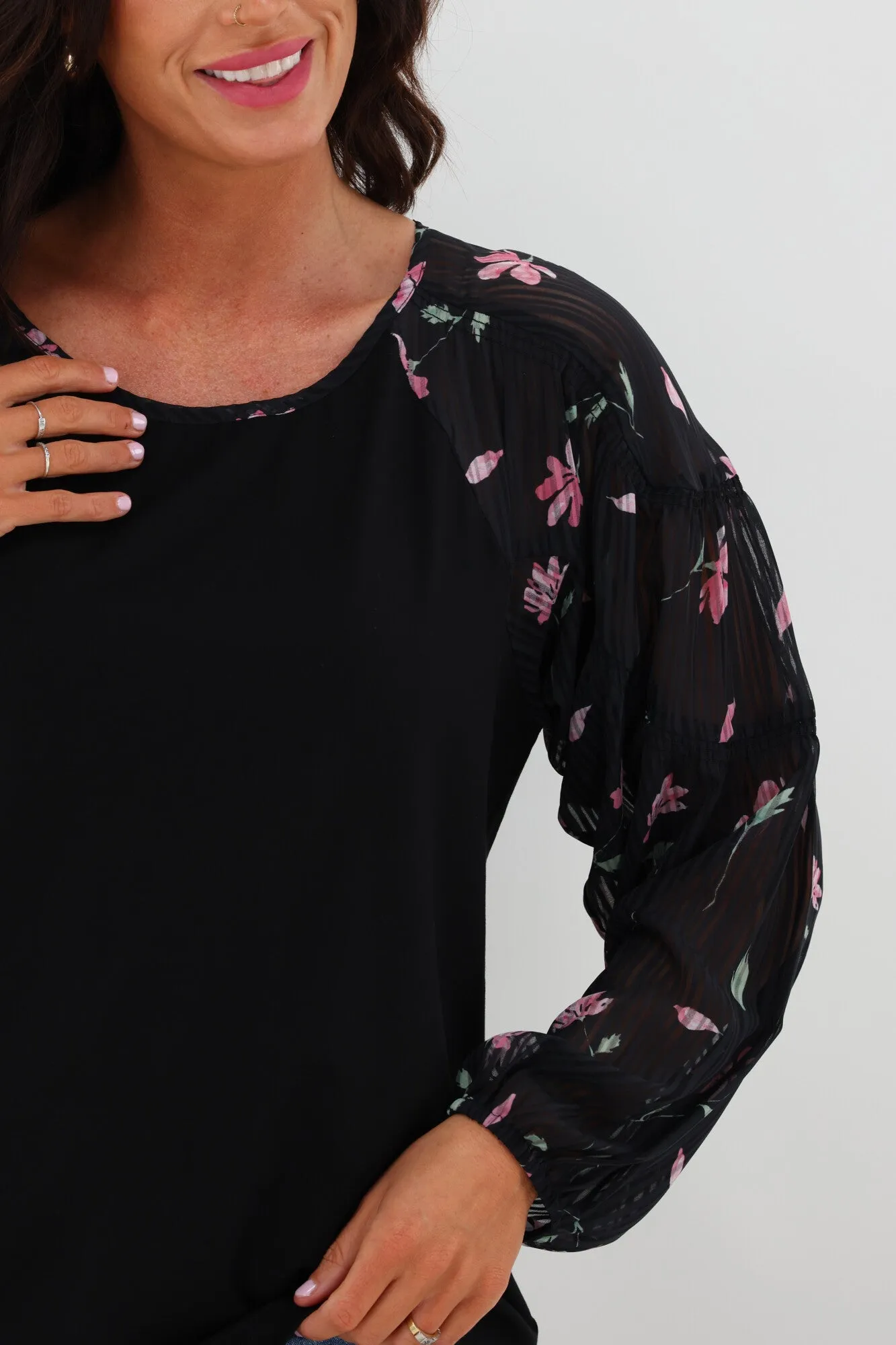 Gloss The Label Bridie Batwing Sleeve Knit Top Black Floral Contrast Stitching Relaxed Silhouette