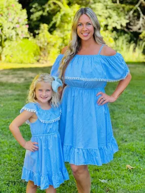 Mom & Me Blue Ruffle Dress with Pompom Accent garden wedding