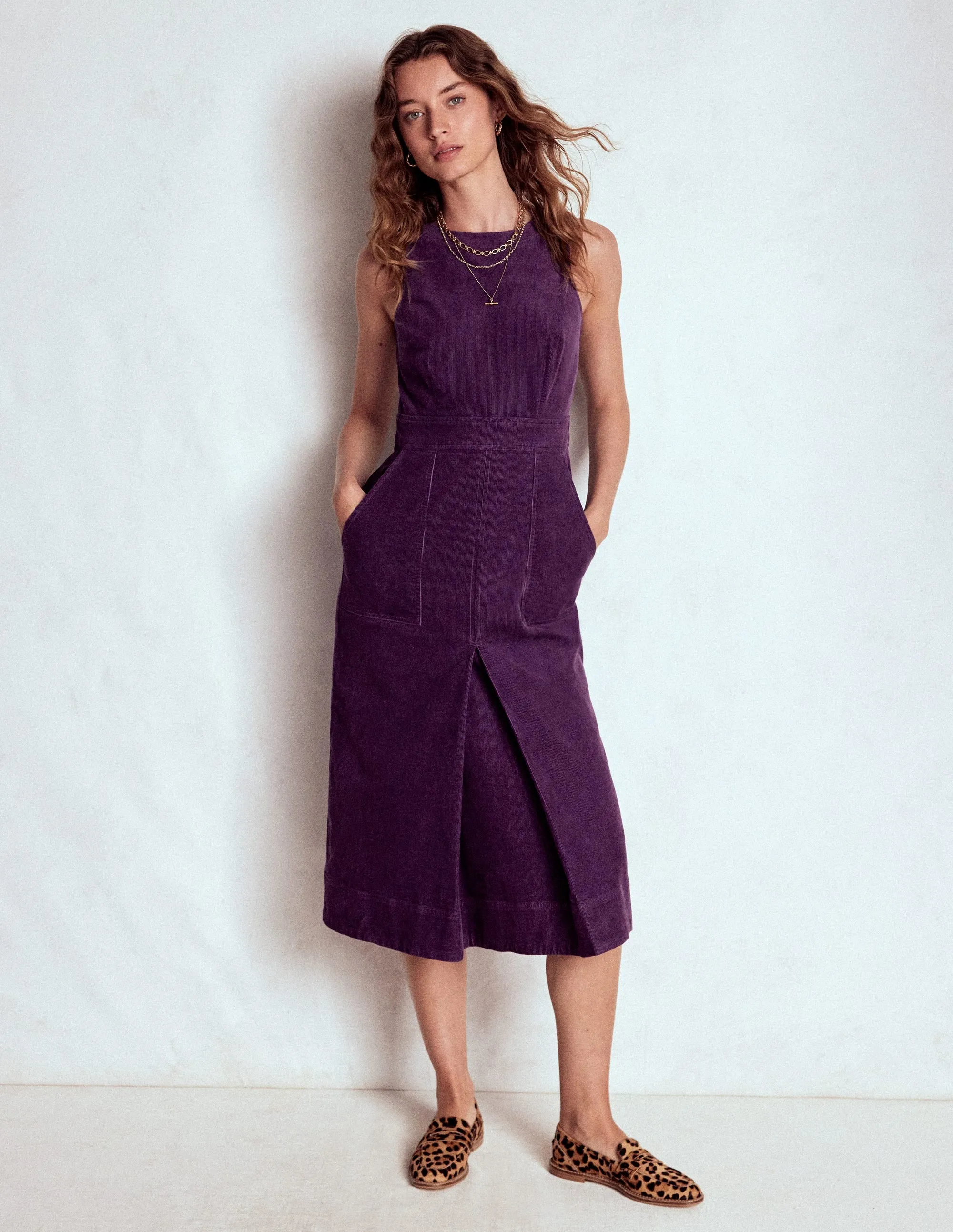 Flattering Look Ula Box Pleat Cord Midi Dress-Viola Purple