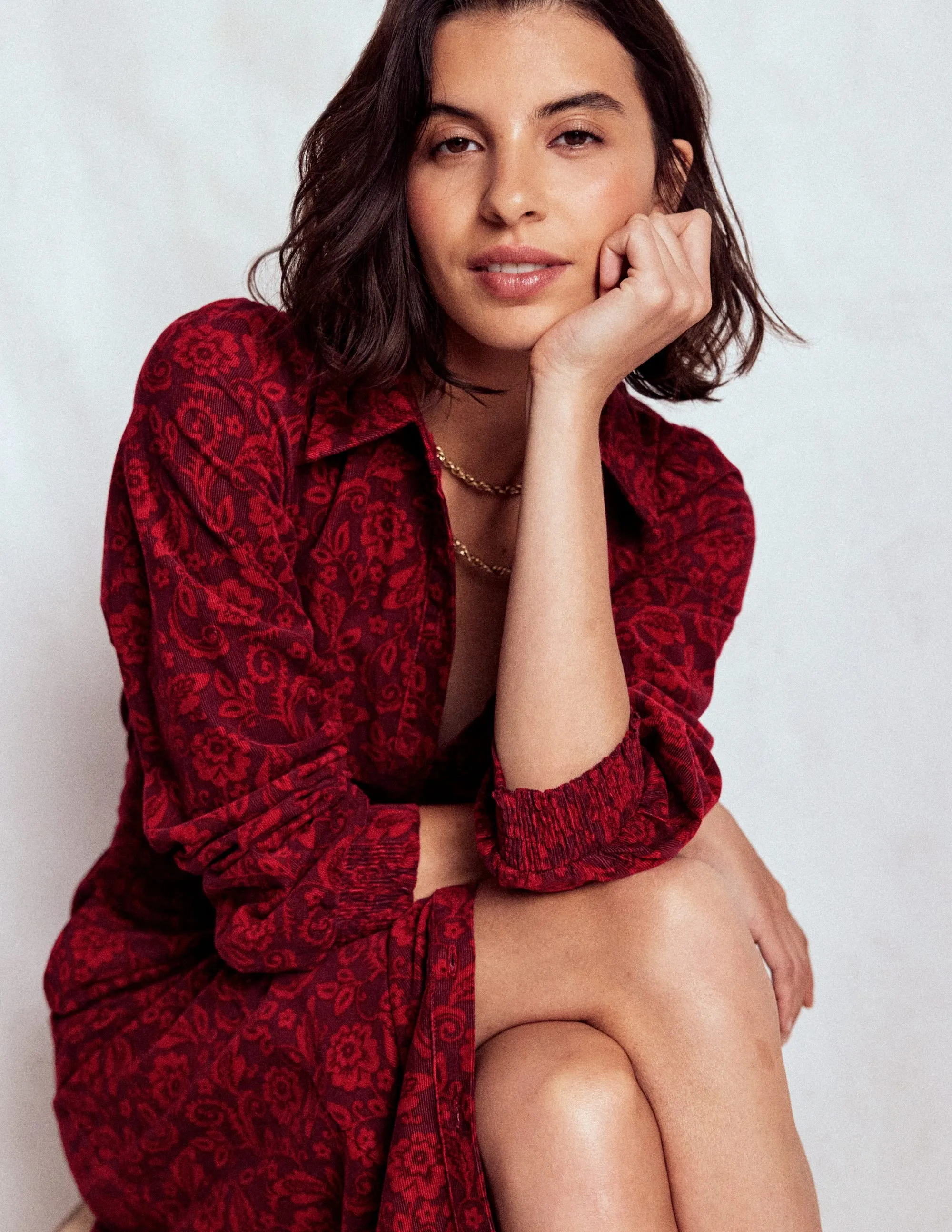 Light Cloud Petite-Size Clara Cord Midi Dress-Red Liquorice, Ornate Flora