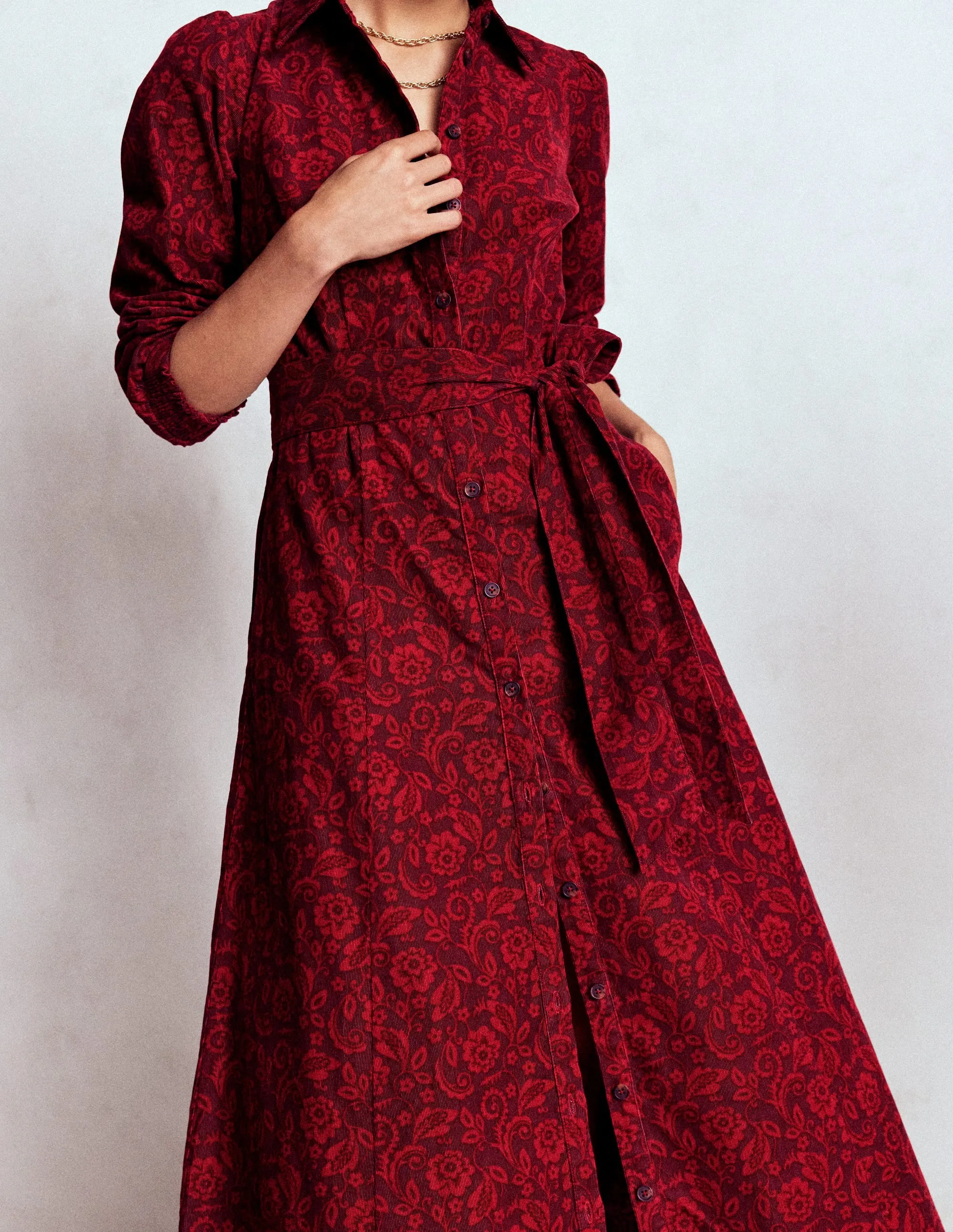 Easy Lovely Clara Cord Midi Dress-Red Liquorice, Ornate Flora