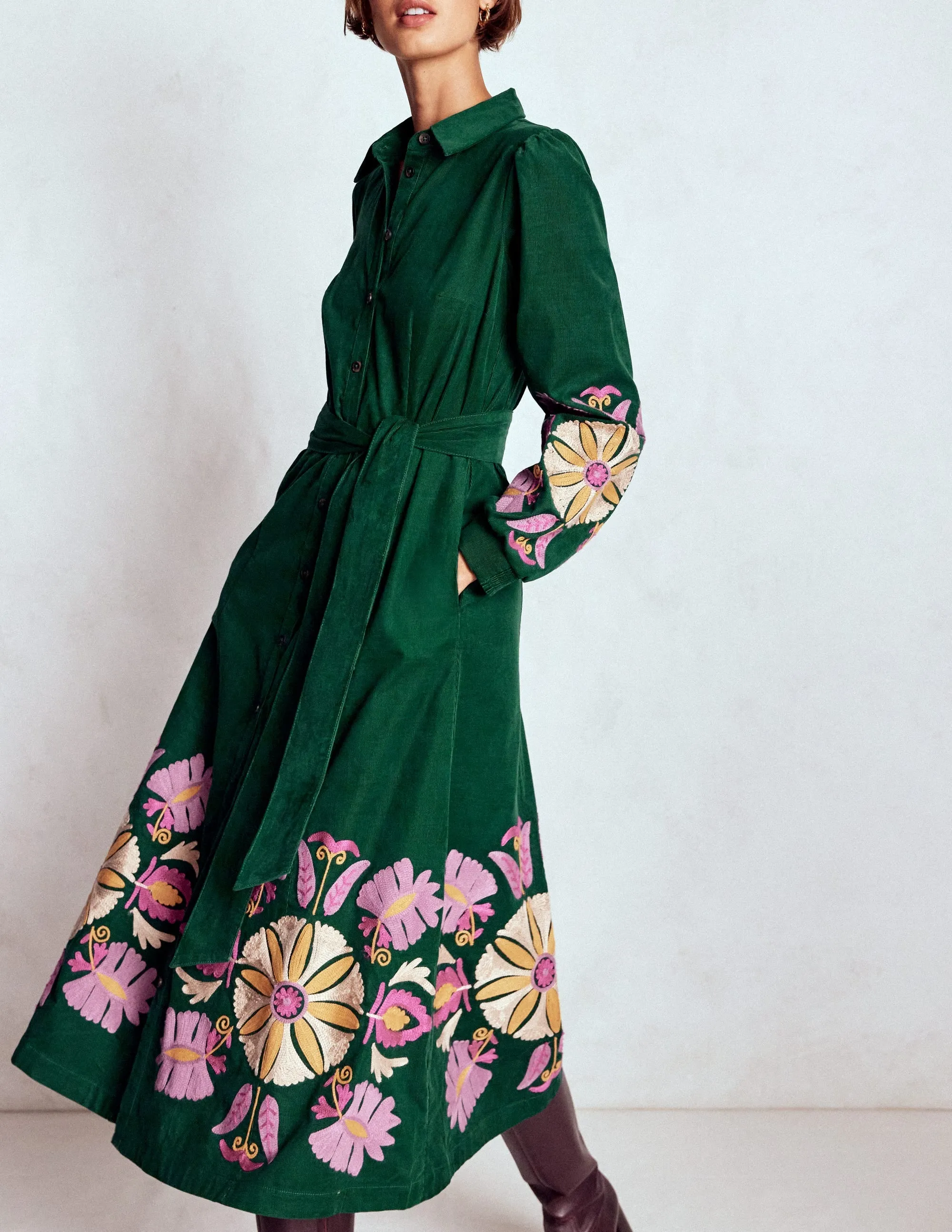 Fall Piece Detachable-Detail Clara Cord Midi Dress-Emerald Night, Embroidery