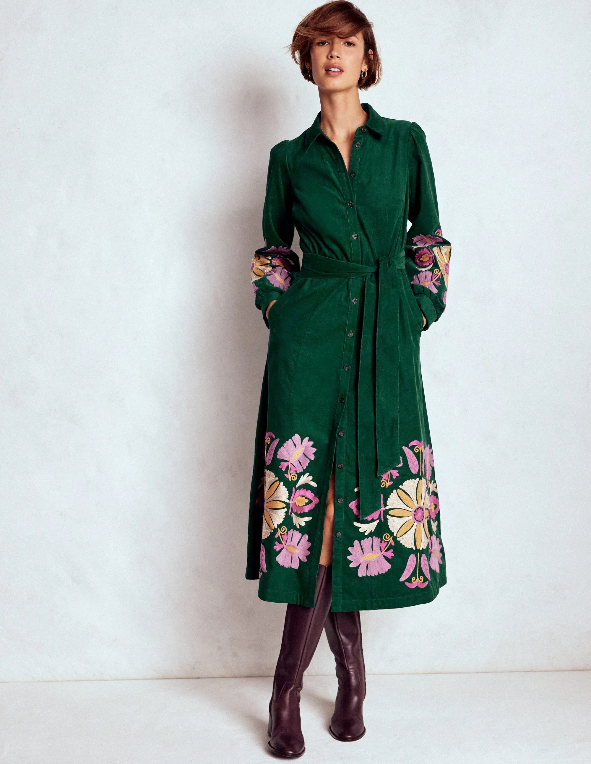 Clara Cord Midi Dress-Emerald Night, Embroidery Romantic dinner wear