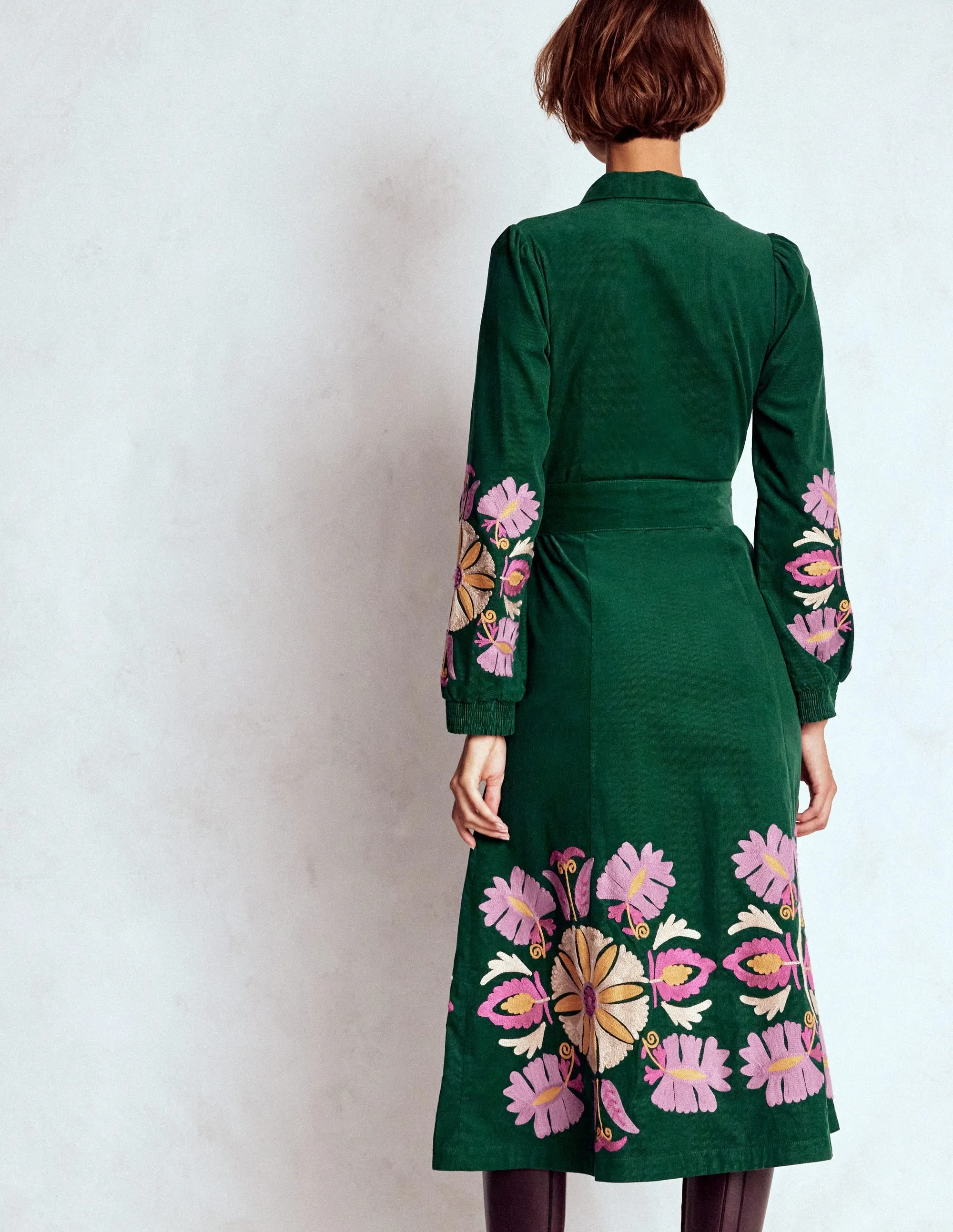 Clara Cord Midi Dress-Emerald Night, Embroidery Chill Edge