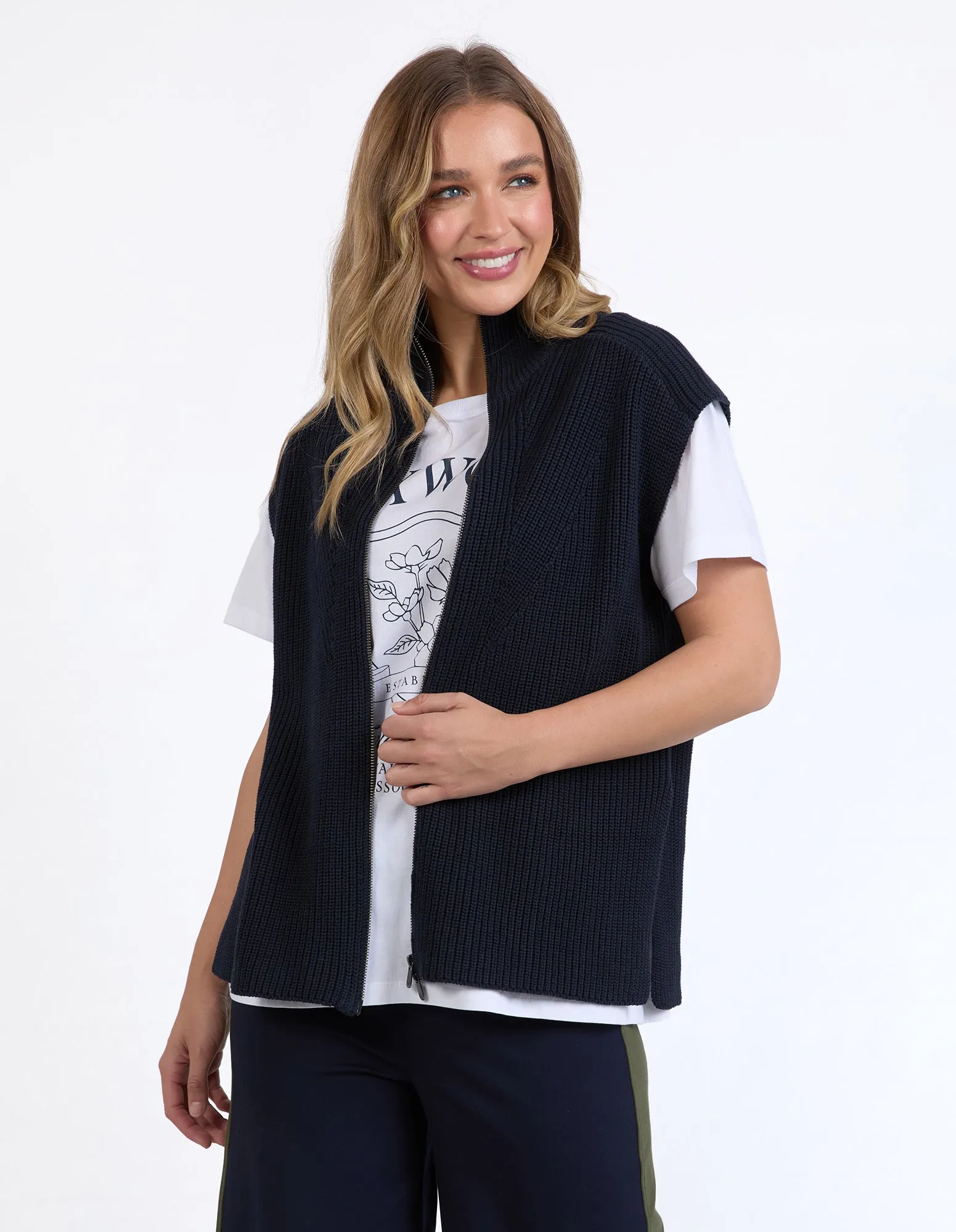 Foxwood Zip Knit Vest Navy Soft Touch Texture Circular Knit Technology