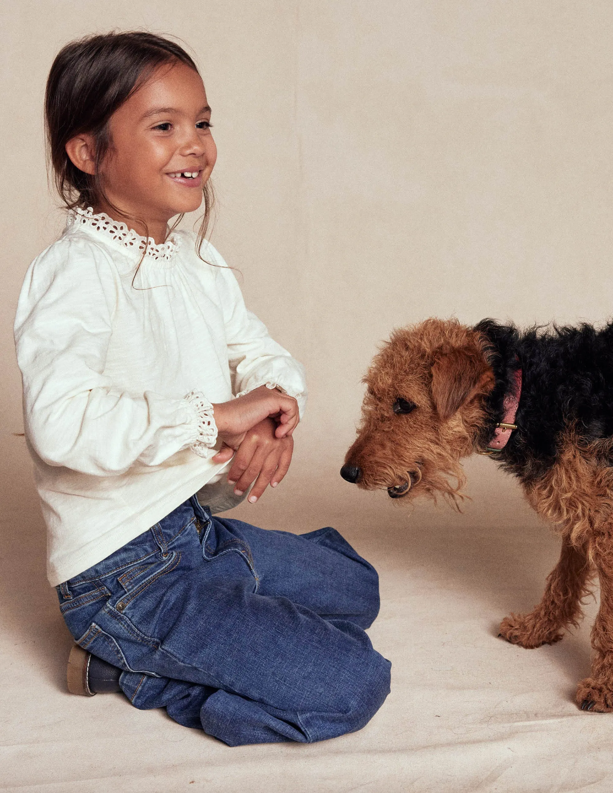 Classic Crewneck Design Broderie Trim Jersey Top-Soft Ivory