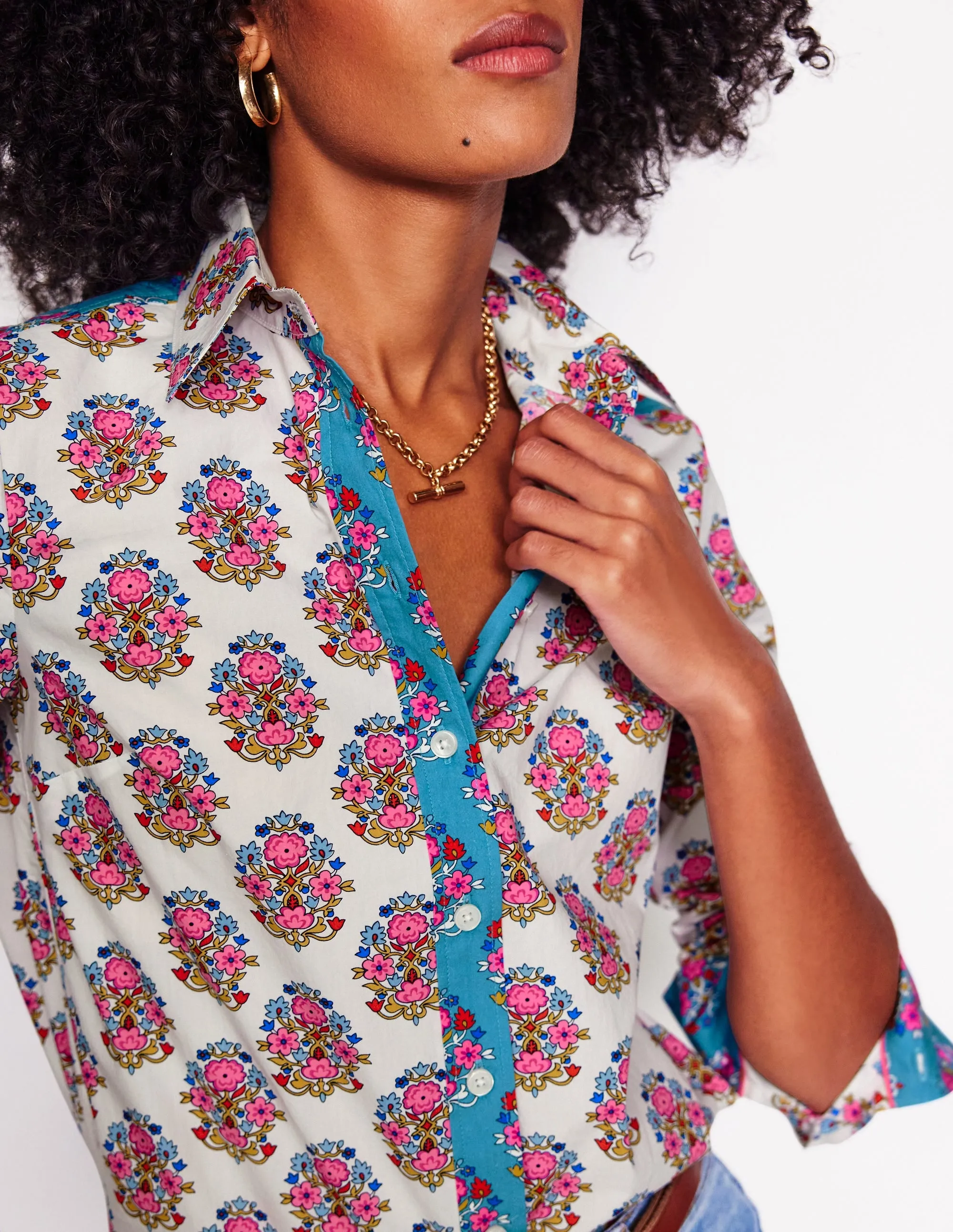 Slim Look Comfortable Look Versatile Appeal Sienna Cotton Shirt-Ivory, Wildflower Stamp