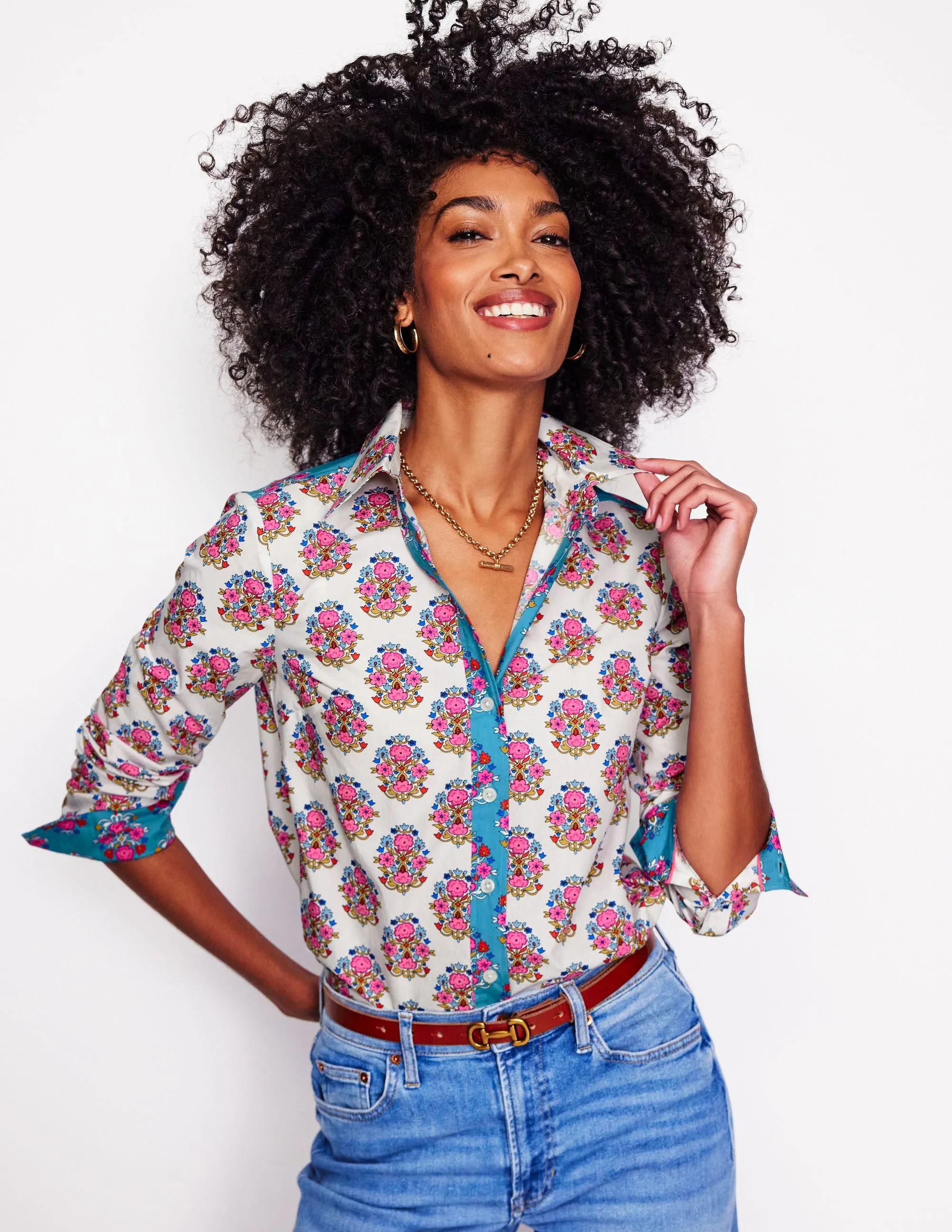 Flexible Knees WaterRepellentCoating Versatile Appeal Sienna Cotton Shirt-Ivory, Wildflower Stamp