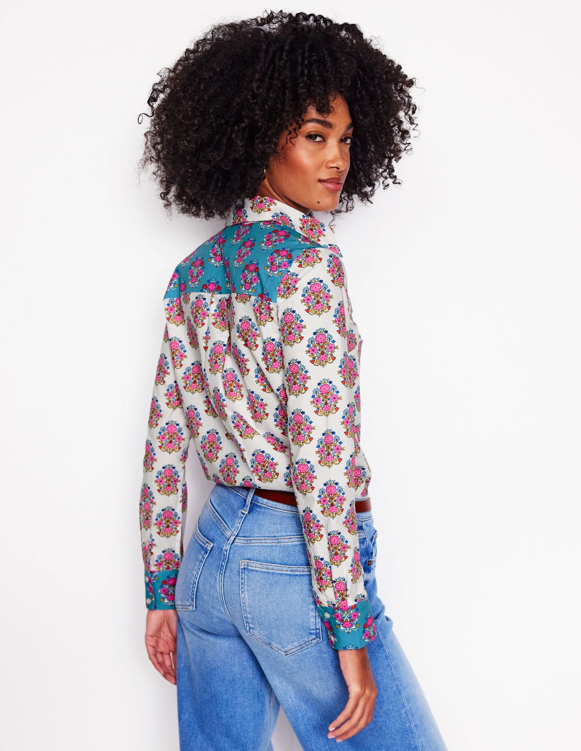 Sleek Design Versatile Appeal Sienna Cotton Shirt-Ivory, Wildflower Stamp