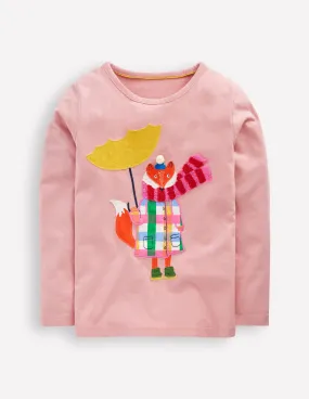 ReinforcedArmholes Airflow Weave Pattern Long Sleeve Appliqu?? T-shirt-Vintage Pink Weather Fox