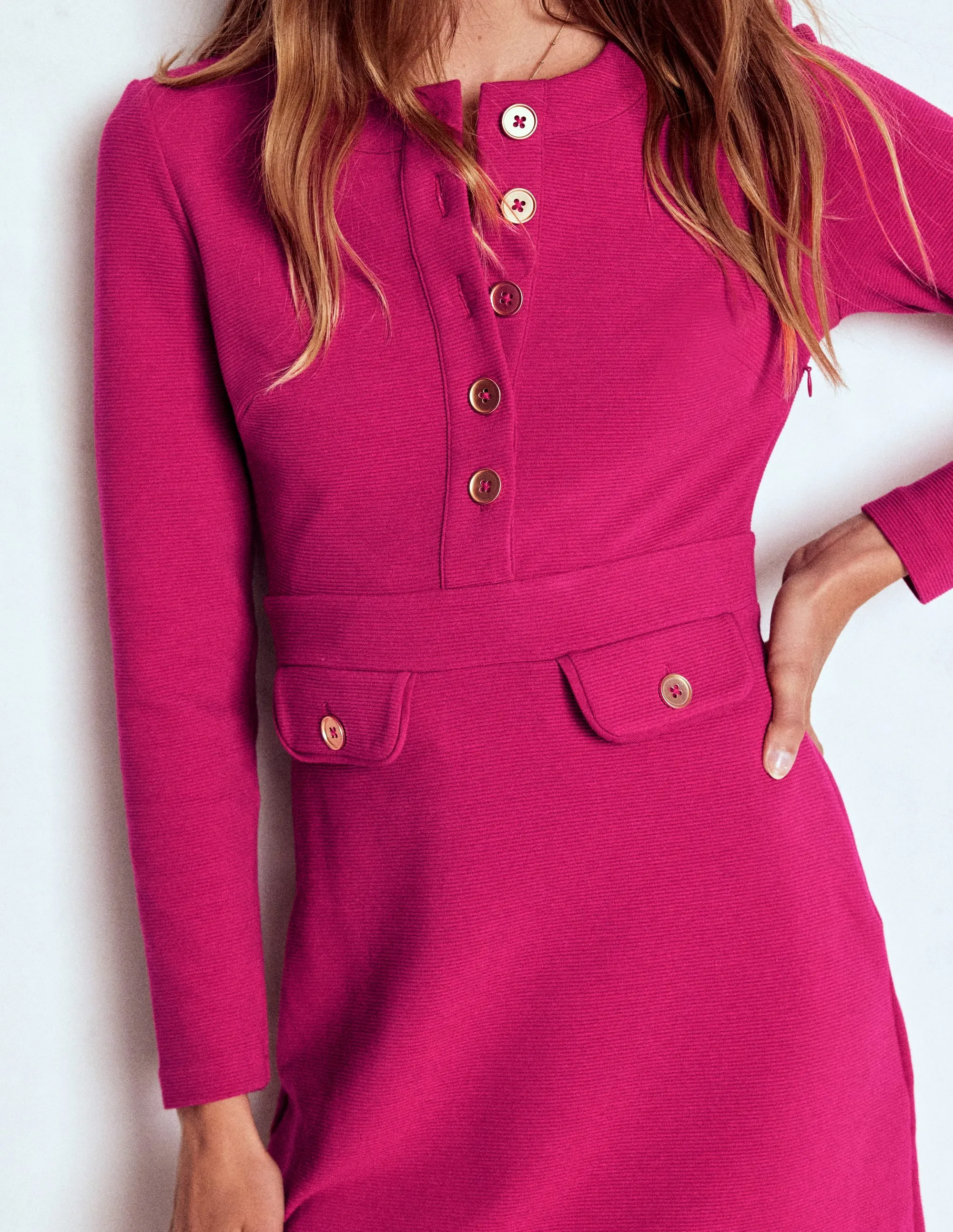 Light Sheen Lavinia Button Shift Dress-Vibrant Pink
