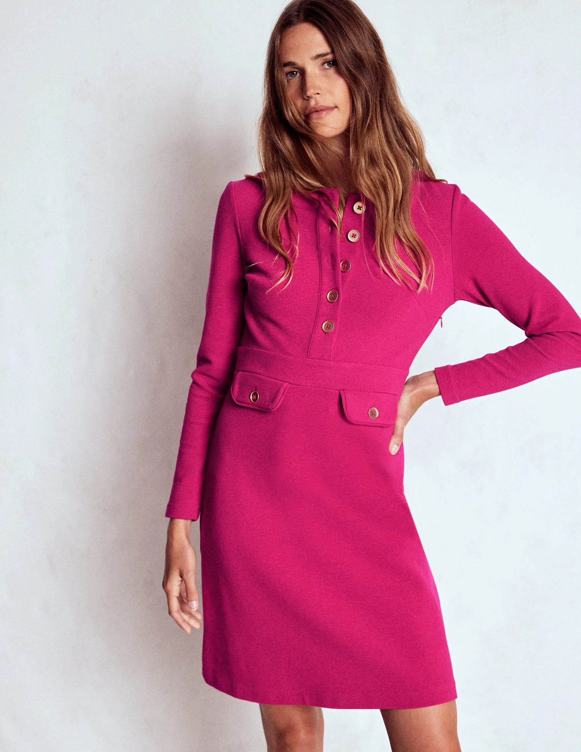 Lavinia Button Shift Dress-Vibrant Pink Mood Casual