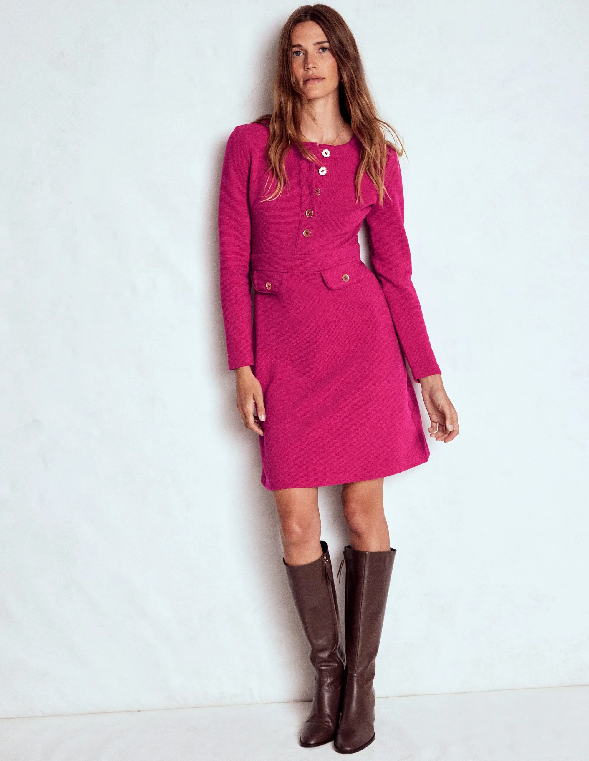 Lavinia Button Shift Dress-Vibrant Pink Soft Colorway