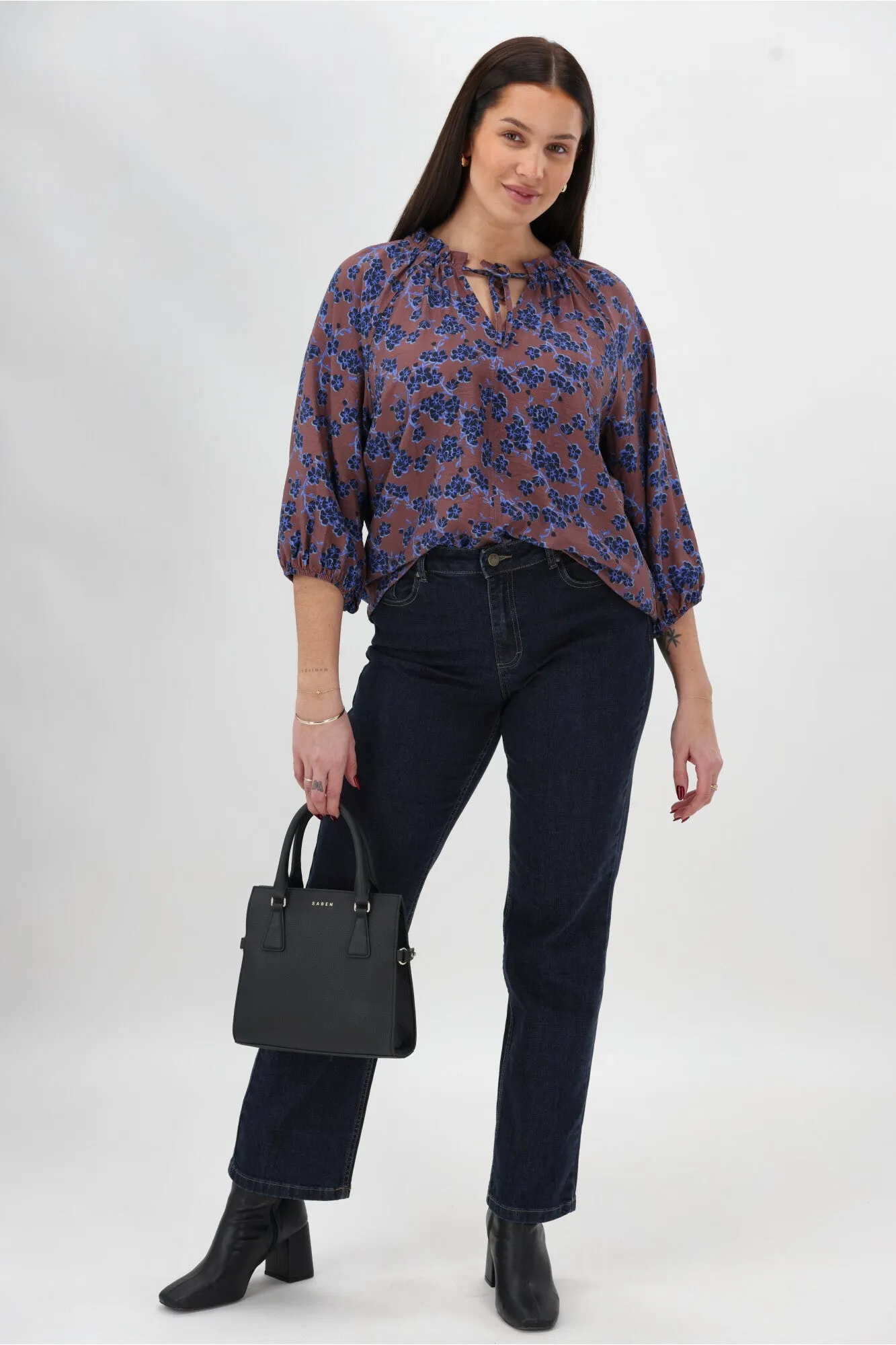 Gloss The Label Tihana Frill Neck Blouse Chocolate Floral FadeResistant Dye Microfiber Material