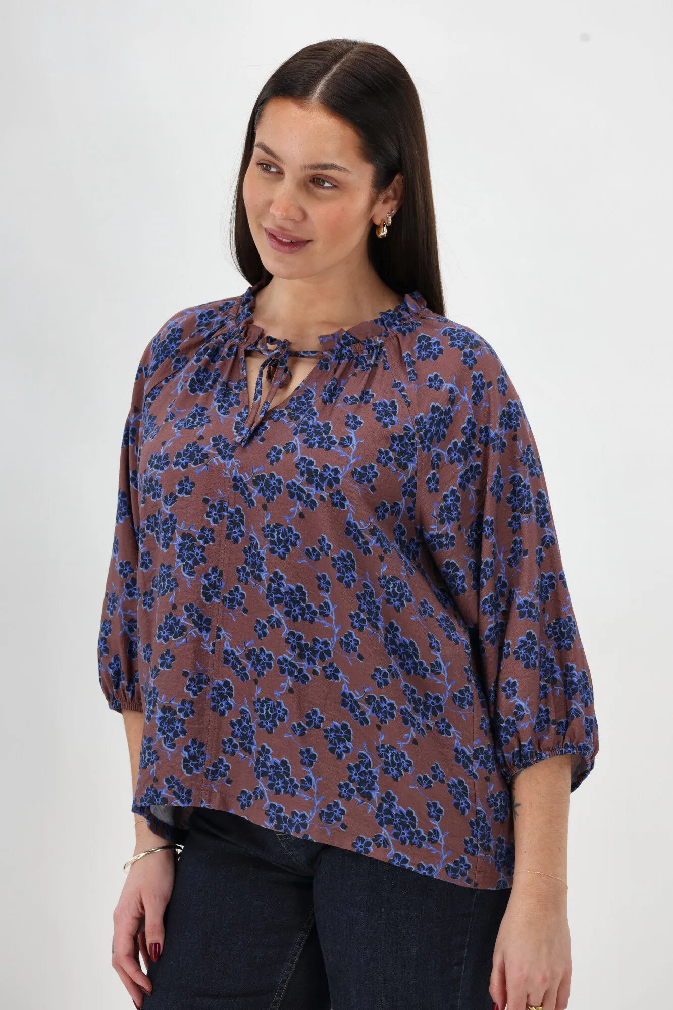 Gloss The Label Tihana Frill Neck Blouse Chocolate Floral Breathable mesh Softened Edges