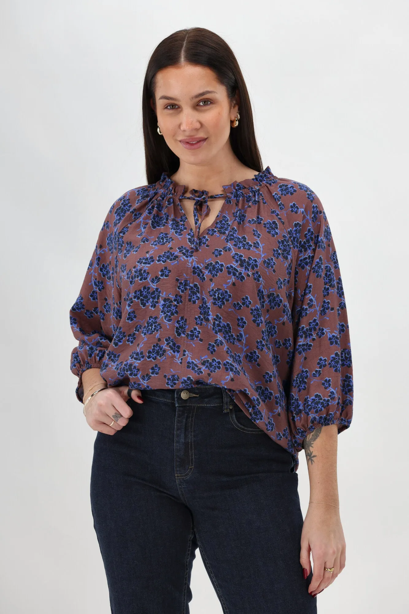 Gloss The Label Tihana Frill Neck Blouse Chocolate Floral WideNeckline Wrinkle Free Weave