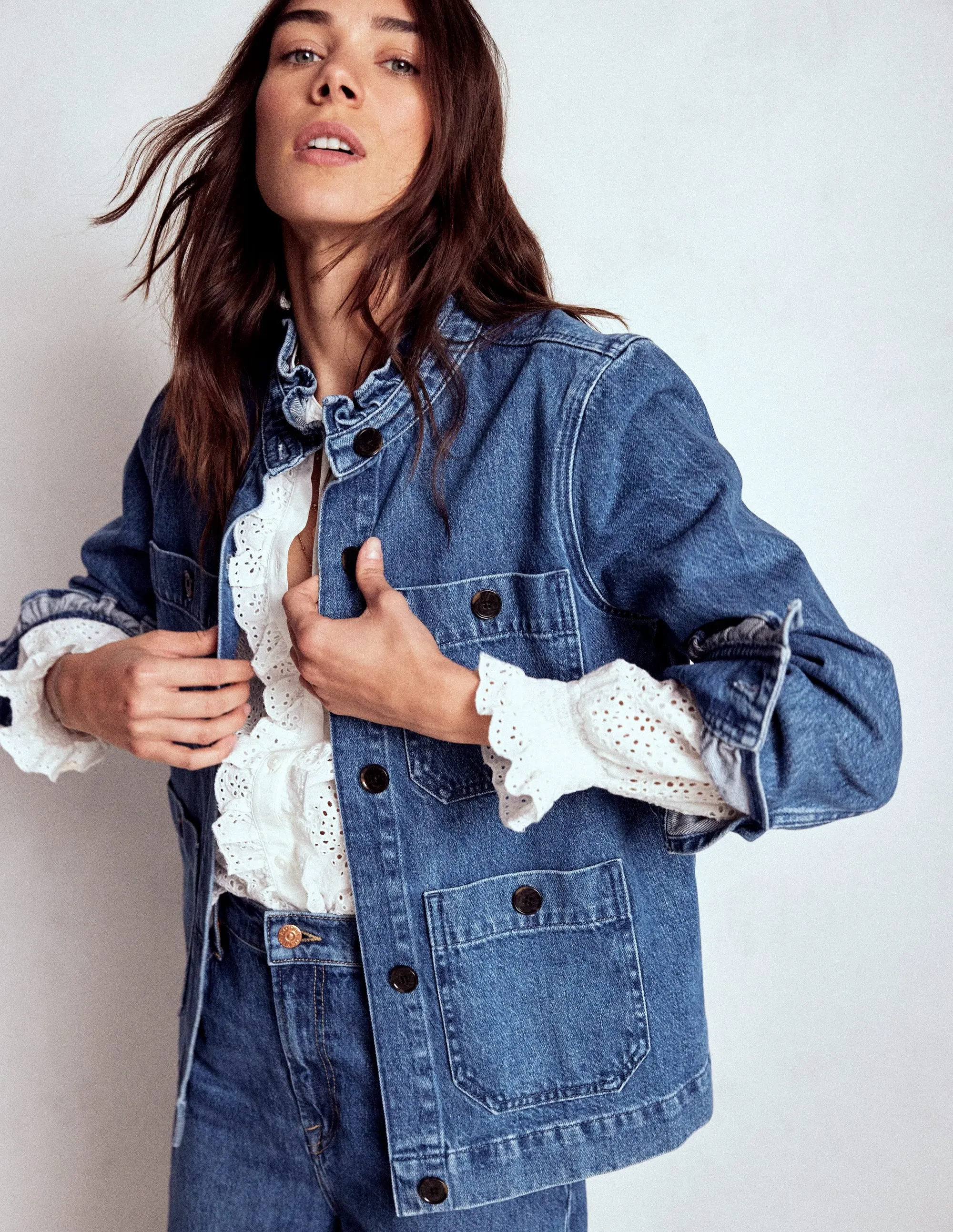 Hidden Ventilation Good Material Denim Frill Collar Jacket-Mid Wash
