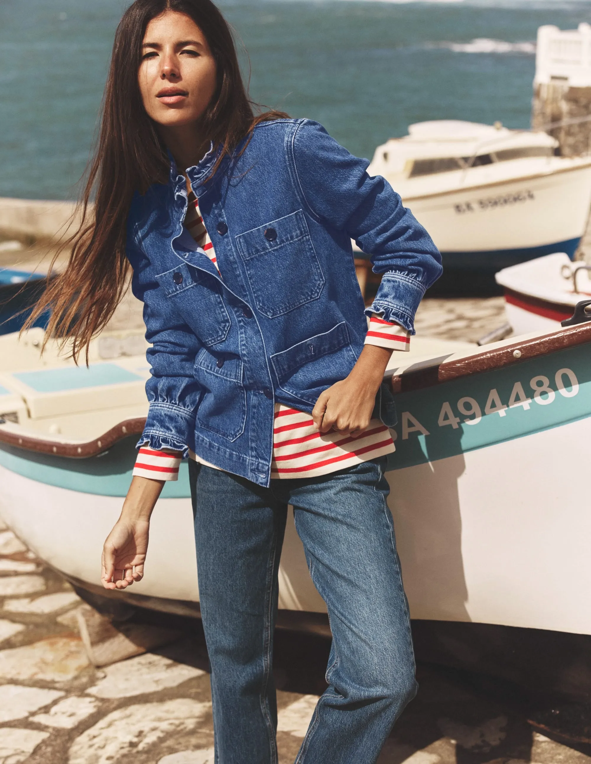 Denim Frill Collar Jacket-Mid Wash Belted Waist