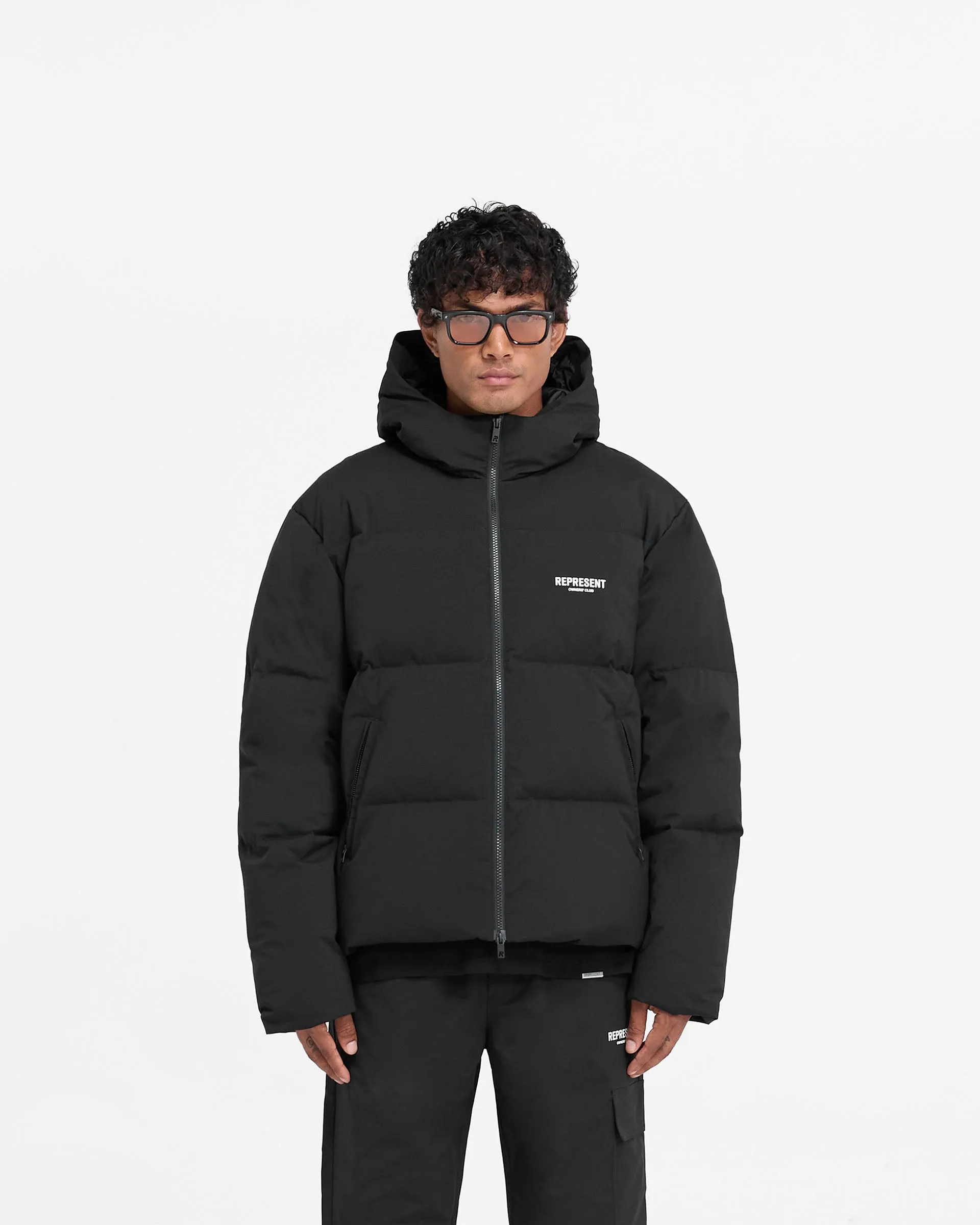 Structured Casual Fit Represent Owners Club Hooded Puffer Jacket - Black