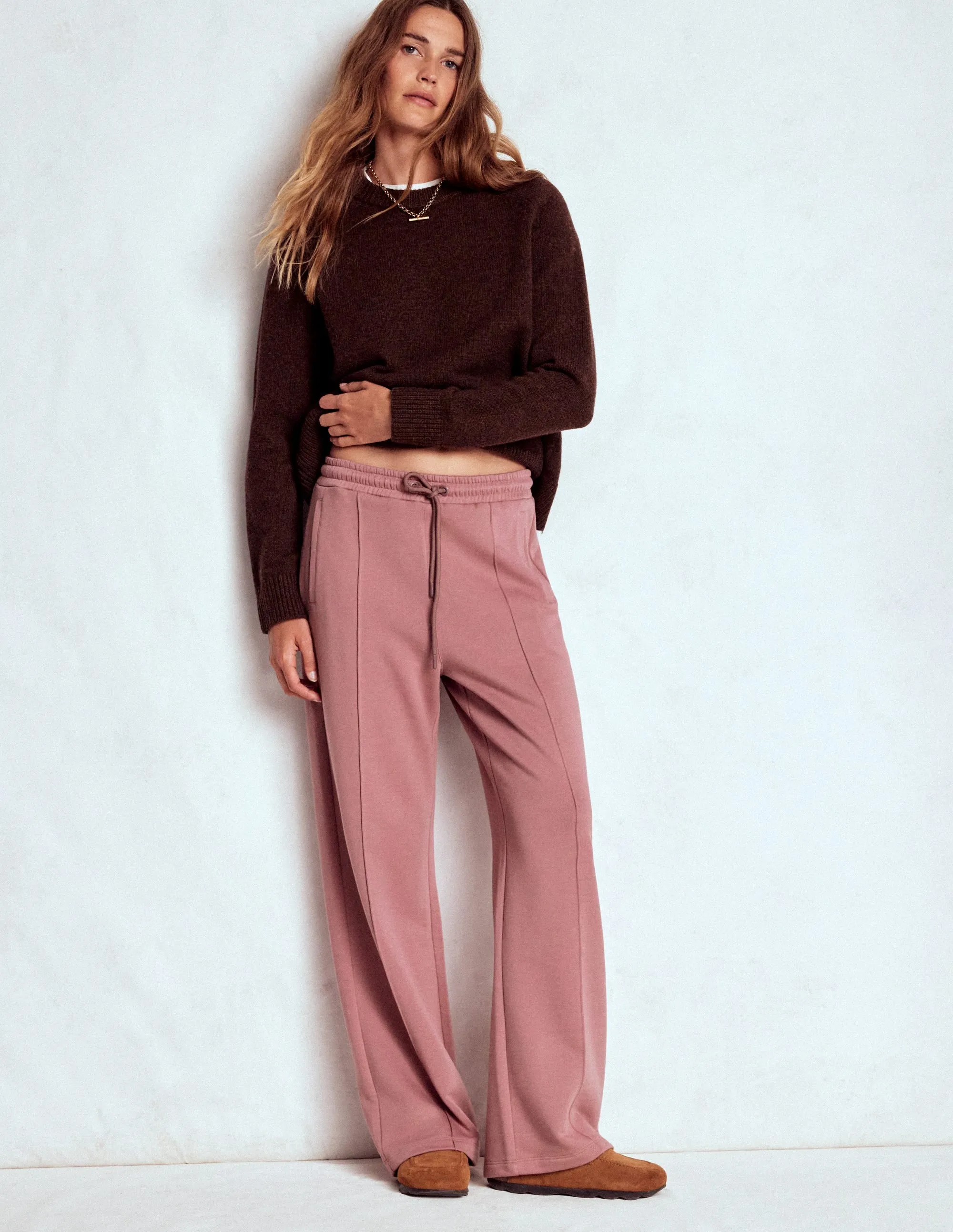 Contoured Panel Design Wide Leg Joggers-Blushing Rose