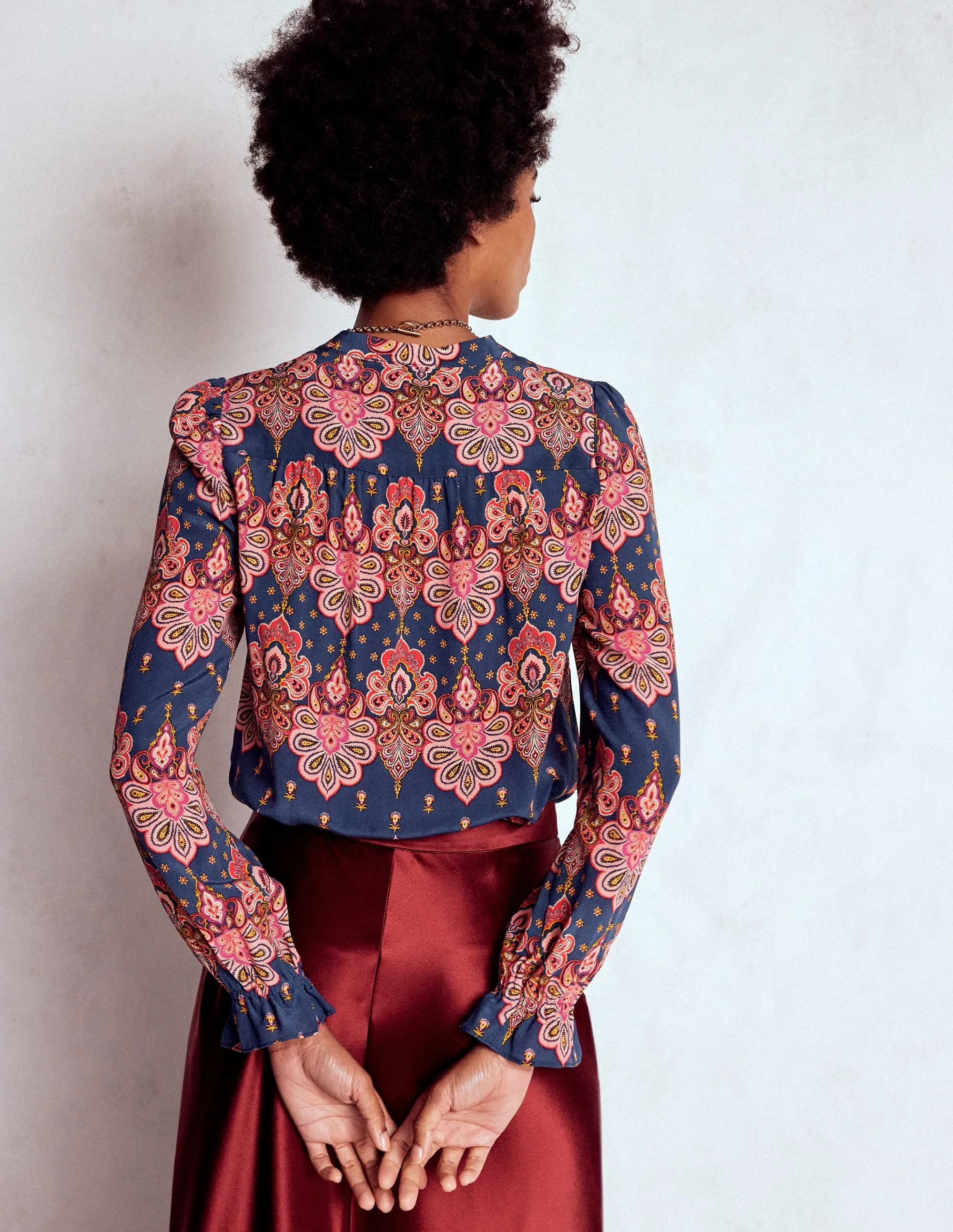 Work And Play Alice Frill Front Silk Top-Navy, Embellished Paisley ArticulatedJoints Odor control