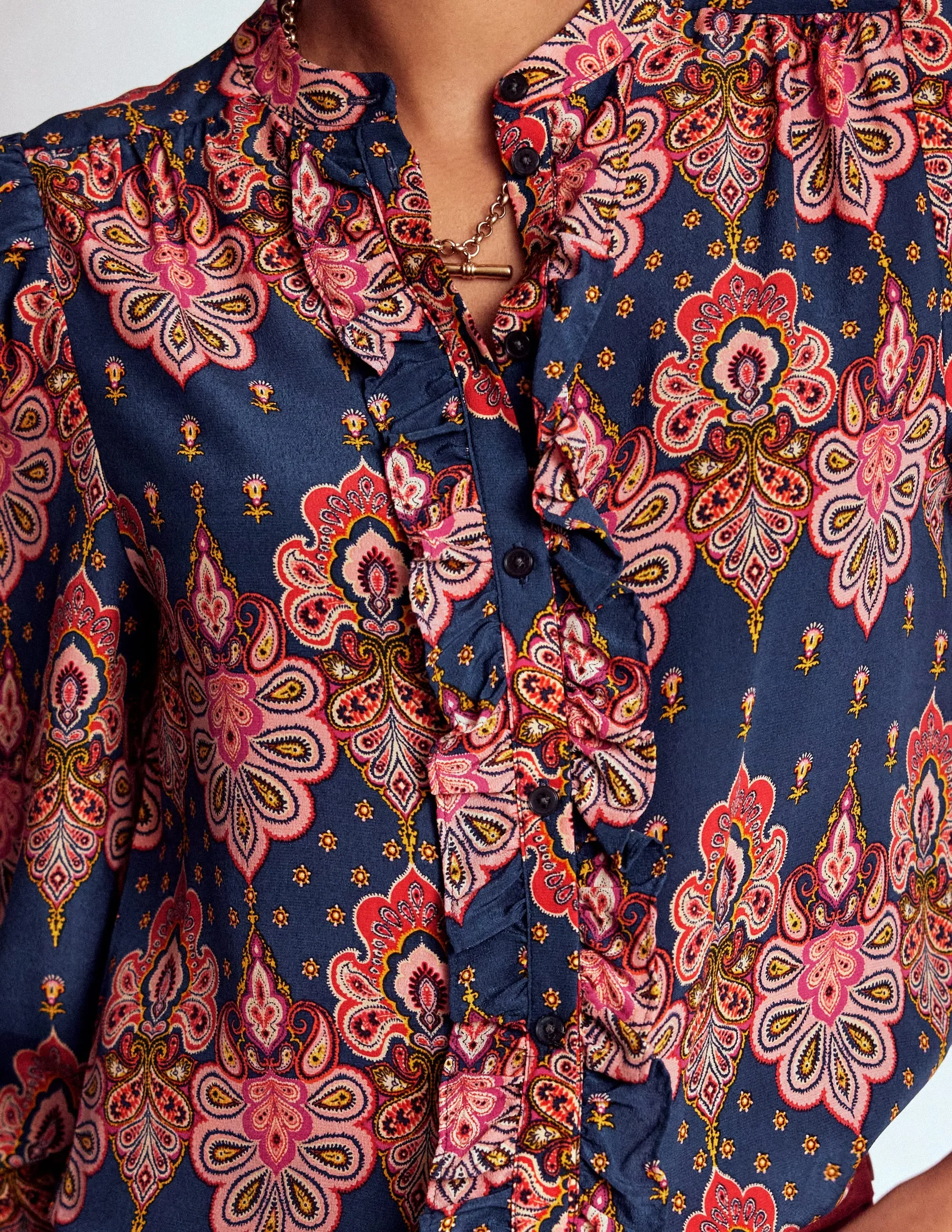 Work And Play Alice Frill Front Silk Top-Navy, Embellished Paisley Roll-up style