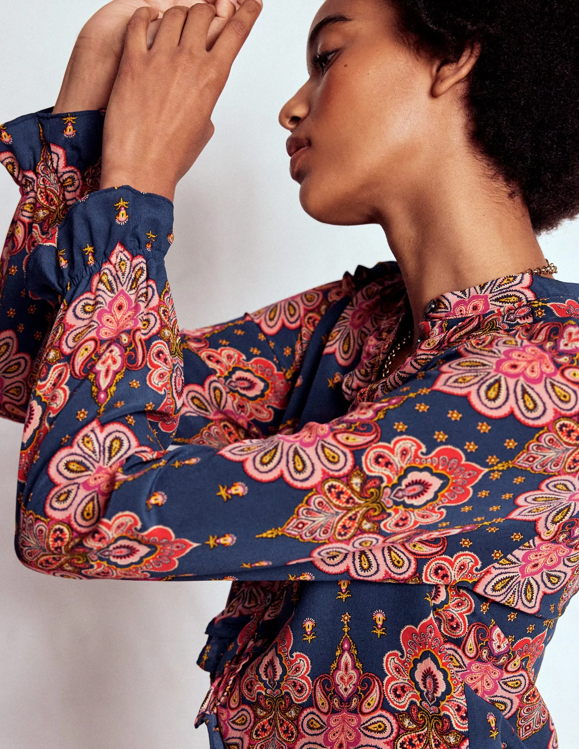 Friction Resistant Fabric Work And Play Alice Frill Front Silk Top-Navy, Embellished Paisley