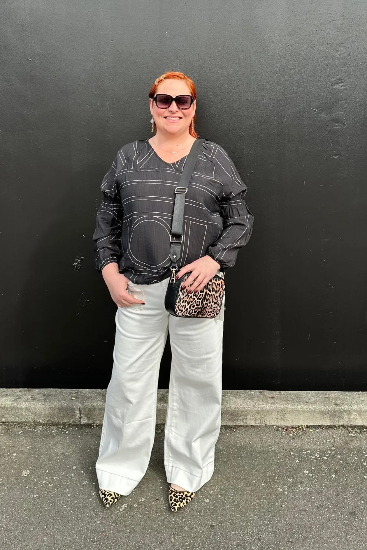 Shine On Label Rashin V Neck Top Black Print Non Iron Fabric