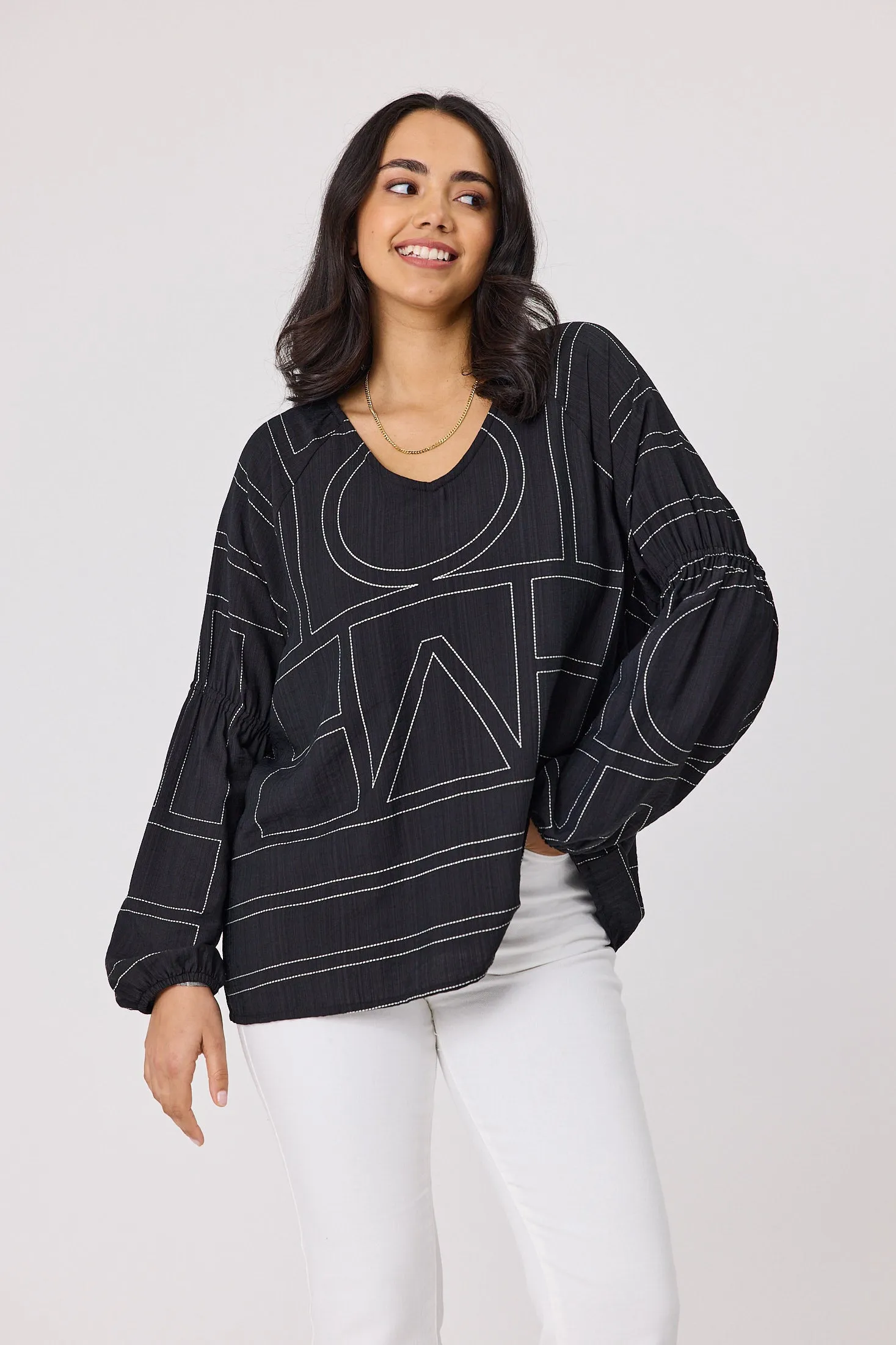 Shine On Label Rashin V Neck Top Black Print FourWayStretch